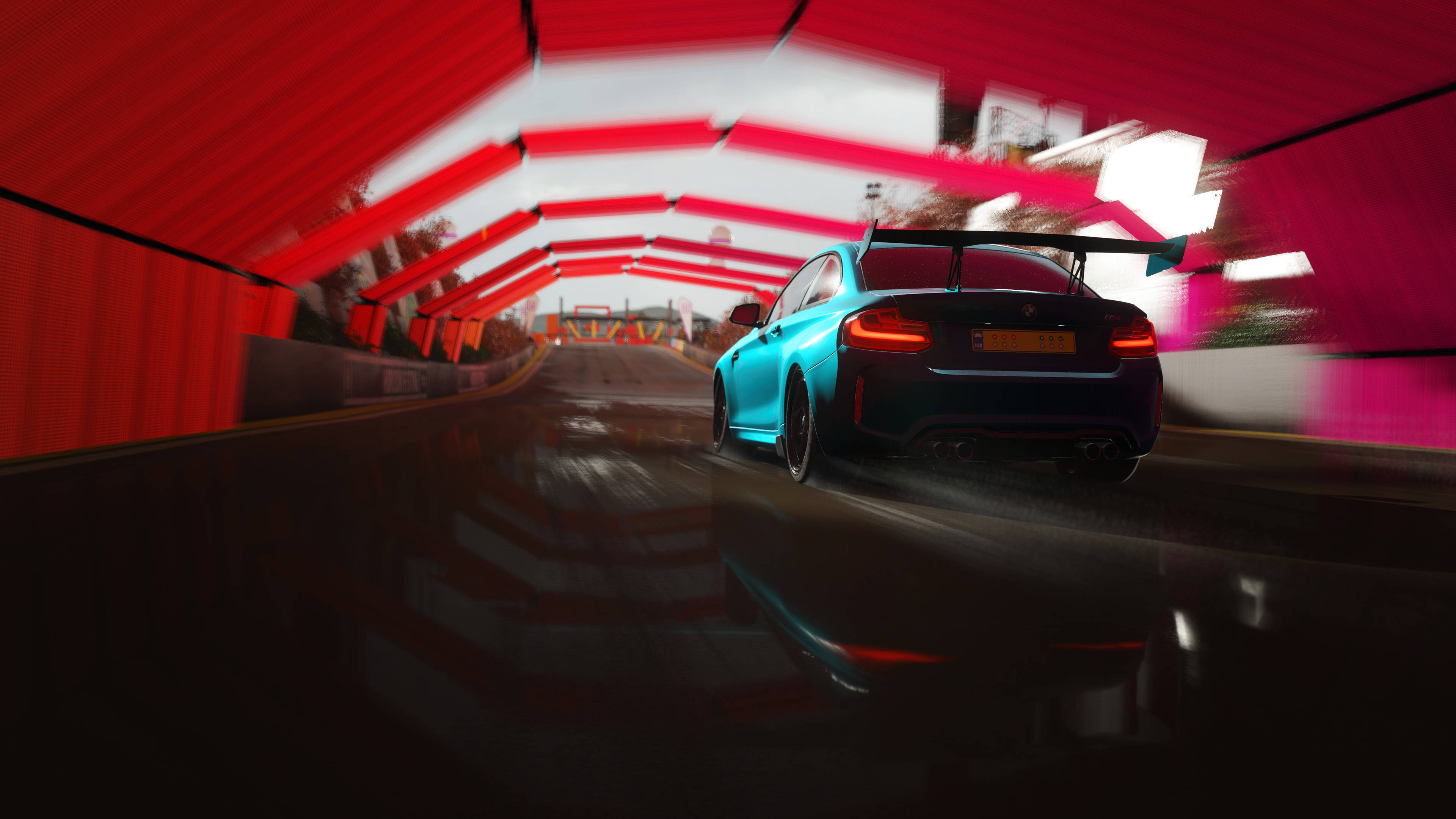 Forza Horizon 4 4K, red tunnel, vibrant blue sports car, 4K Desktop Wallpaper