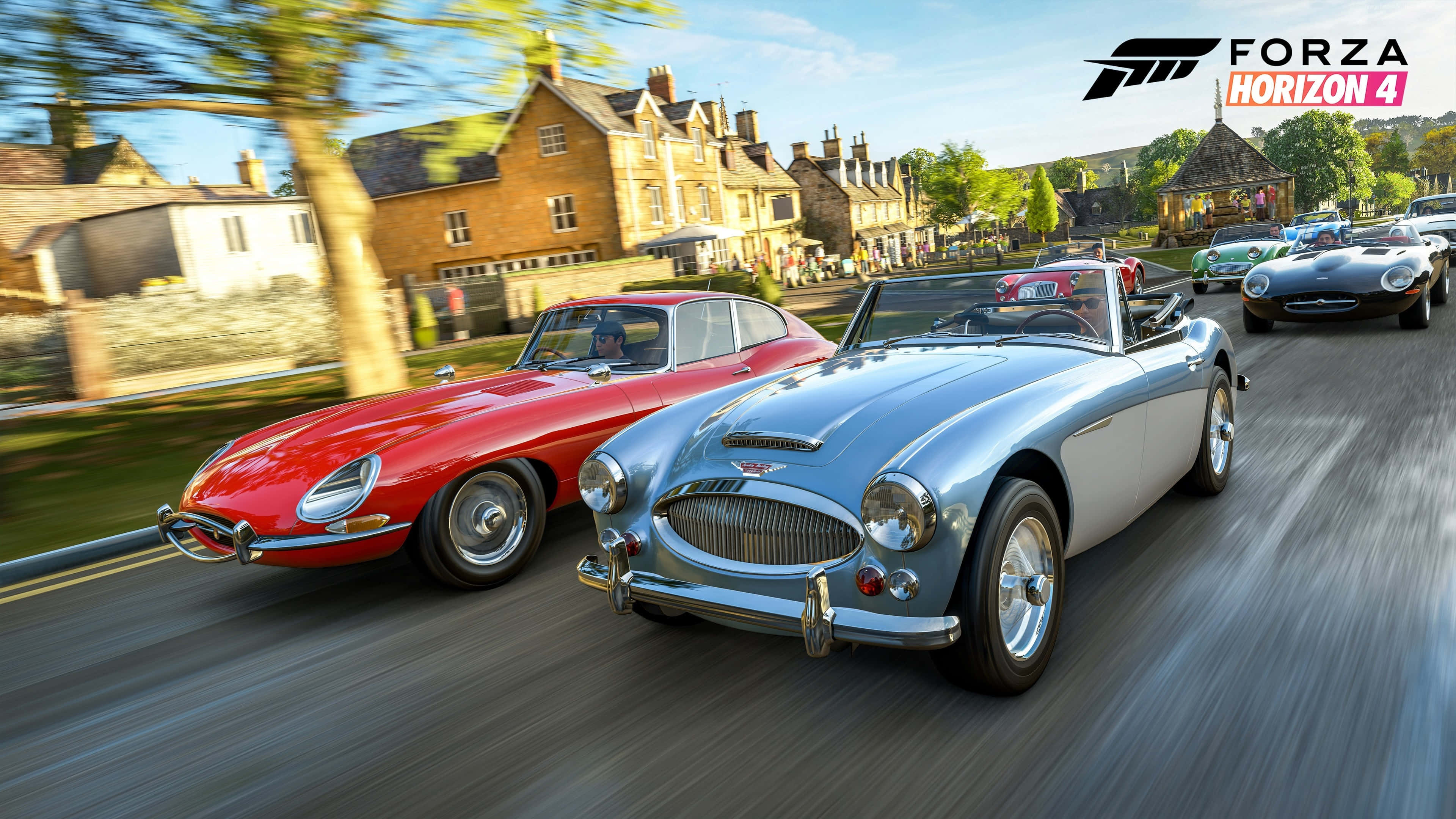 Forza Horizon 4 HD, Classic sports cars, sunlit village road, 4K Desktop Wallpaper