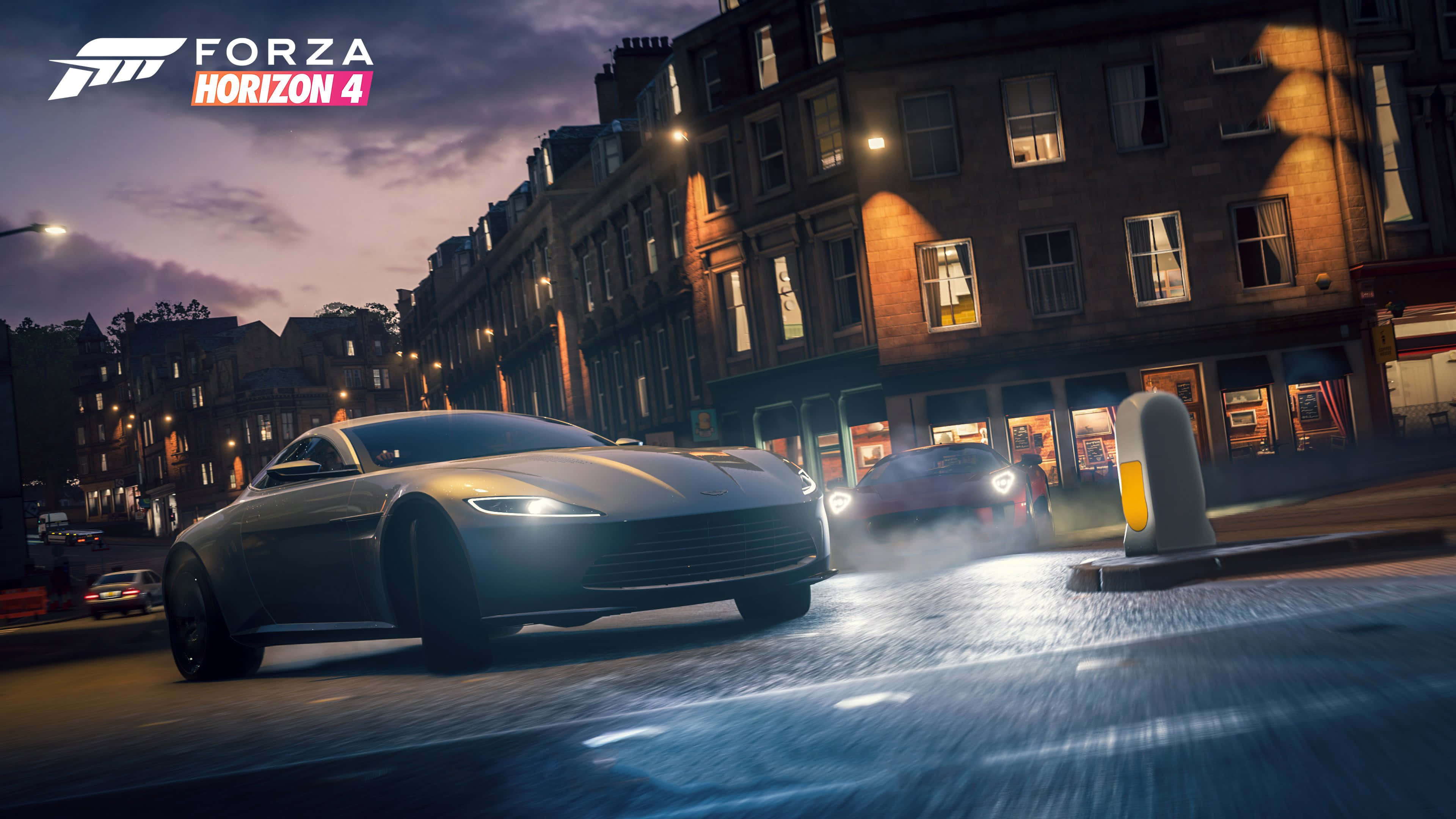 Forza Horizon 4 HD, silver sports car, wet city street, 4K Desktop Wallpaper