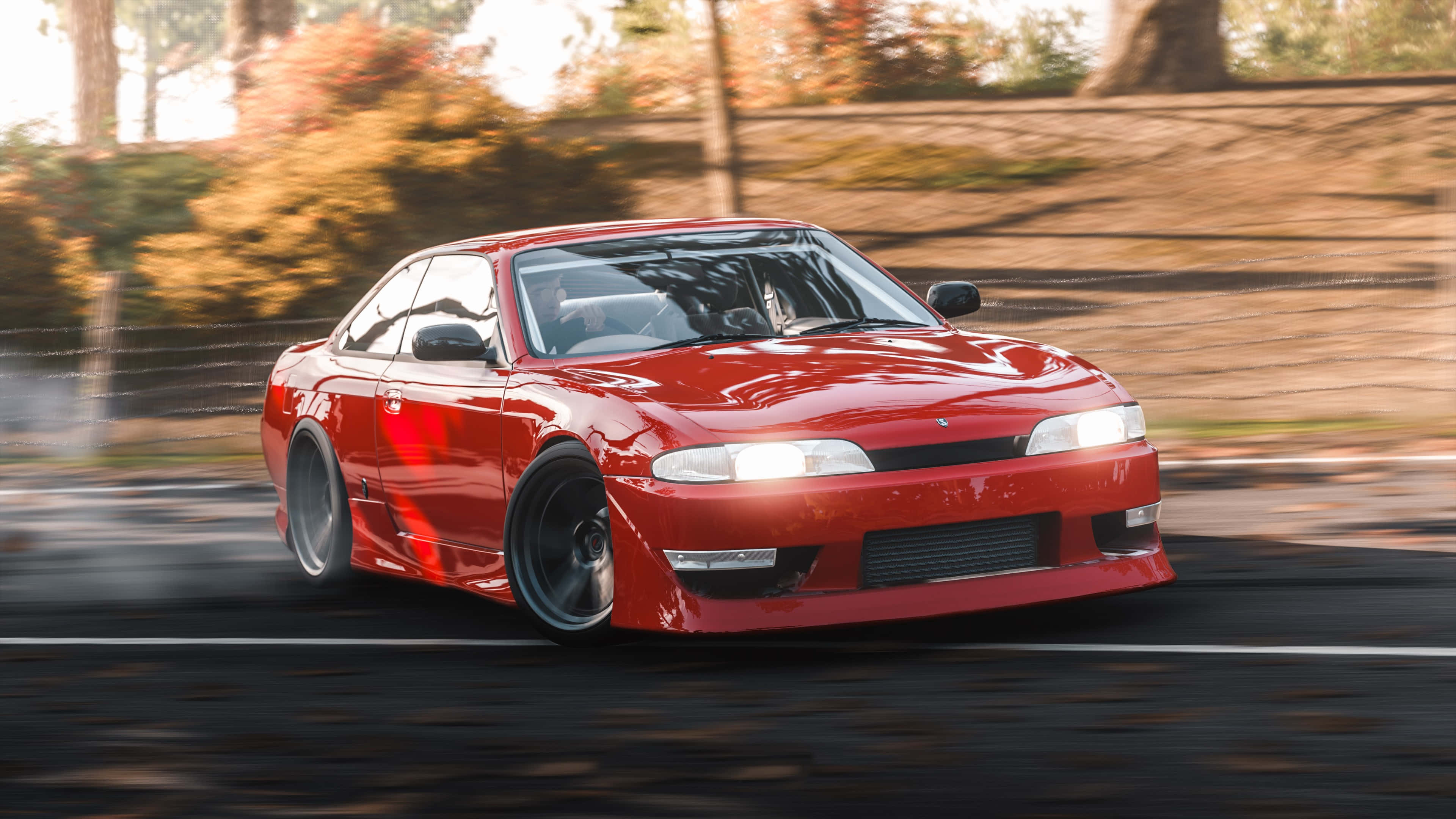 Forza Horizon 4 HD, vibrant red sports car, forest road, 4K Desktop Wallpaper