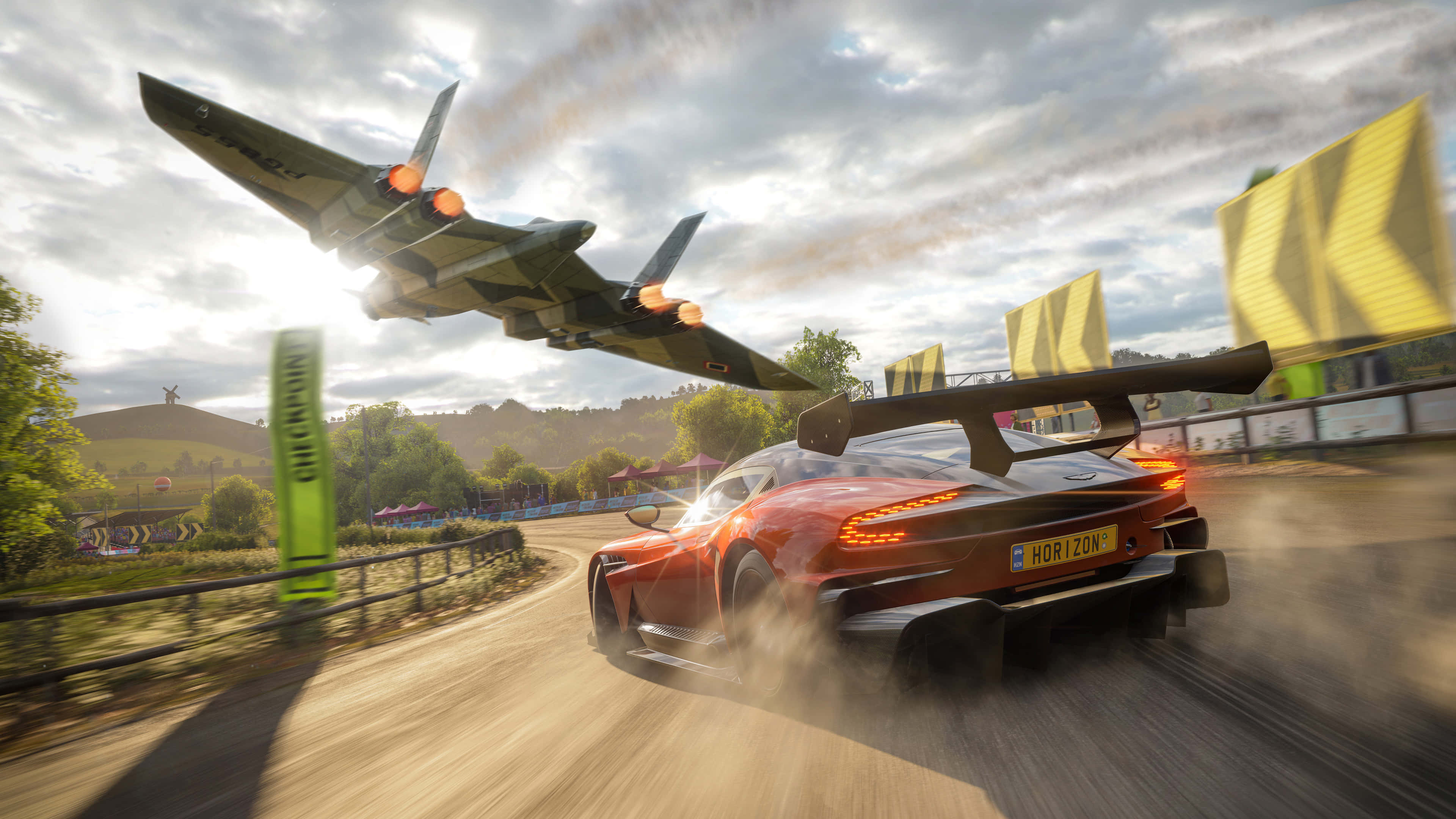 Forza Horizon 4, red race car, fighter jet, 4K Desktop Wallpaper