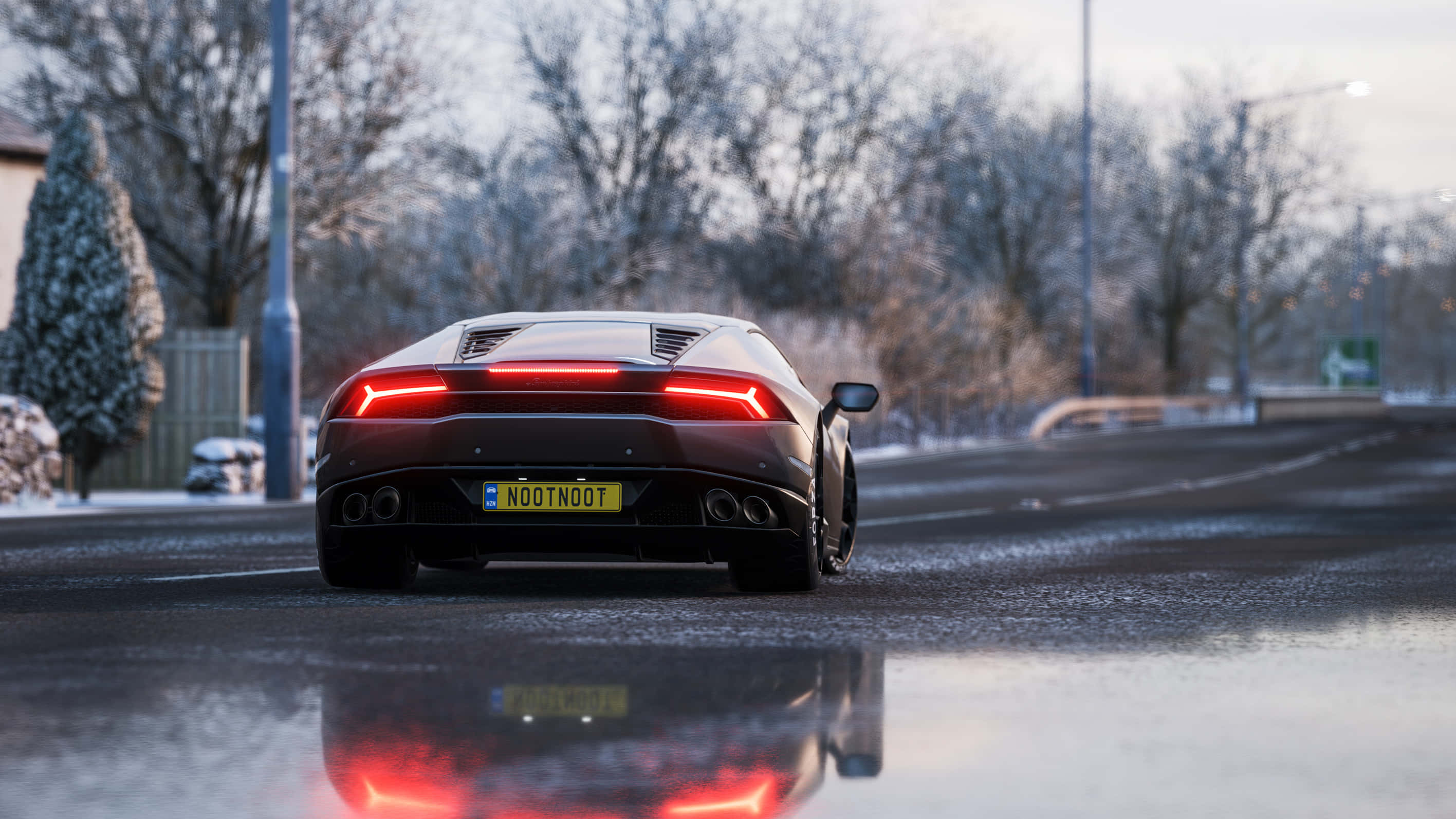 Forza Horizon 4, sleek black sports car, glowing red taillights, 2K Desktop Wallpaper