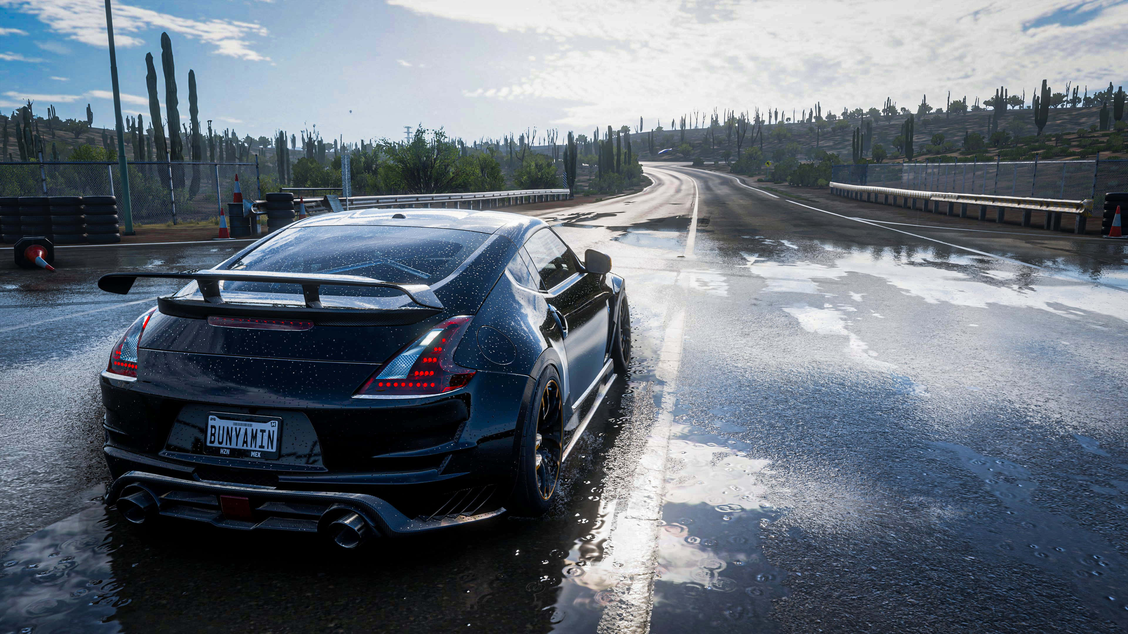 Forza Horizon 5 4K, black sports car, wet desert racetrack, 4K Desktop Wallpaper