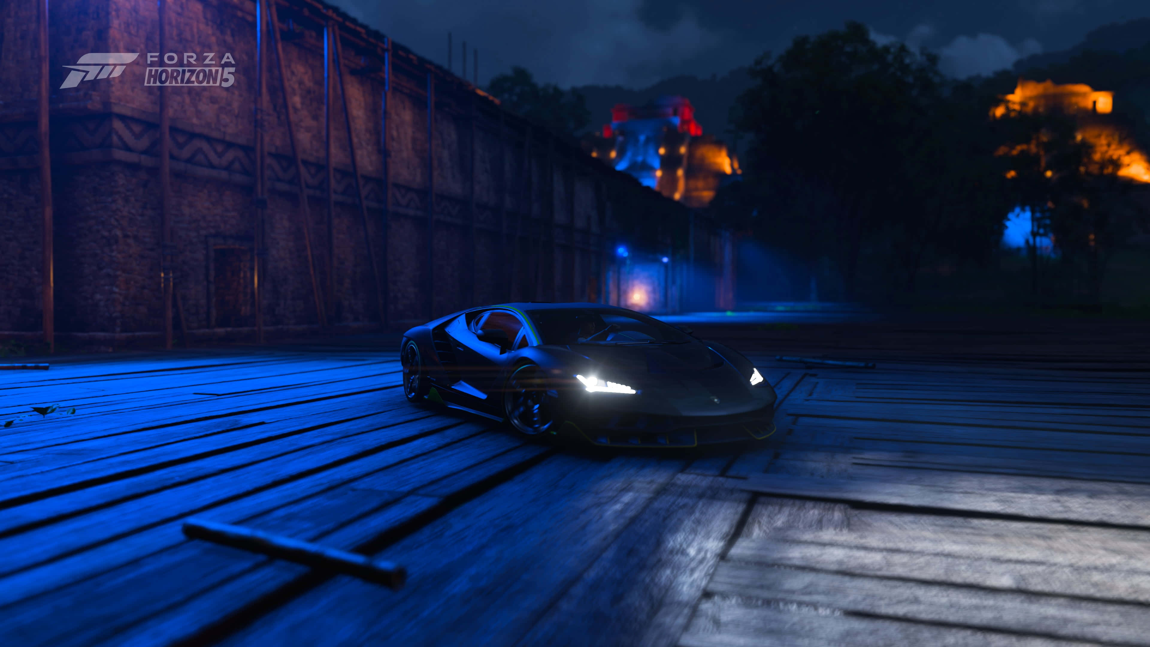 Forza Horizon 5 4K, neon blue lights, wooden pier, 4K Desktop Wallpaper