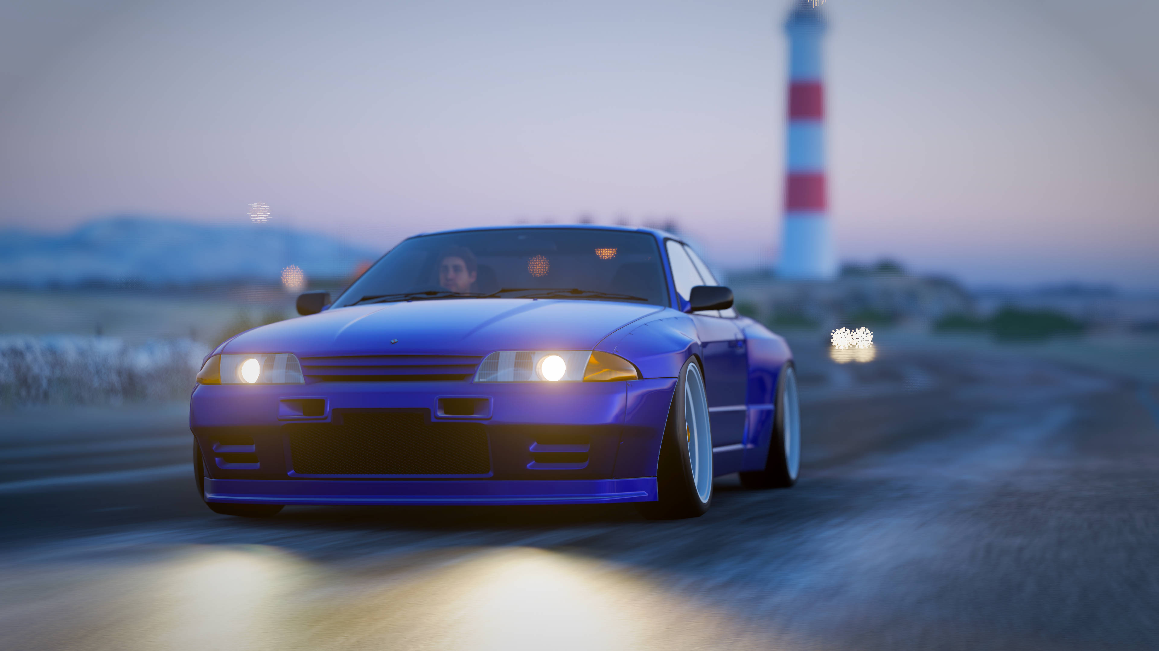 Forza Horizon 4, blue Nissan, coastal road, 4K Desktop Wallpaper