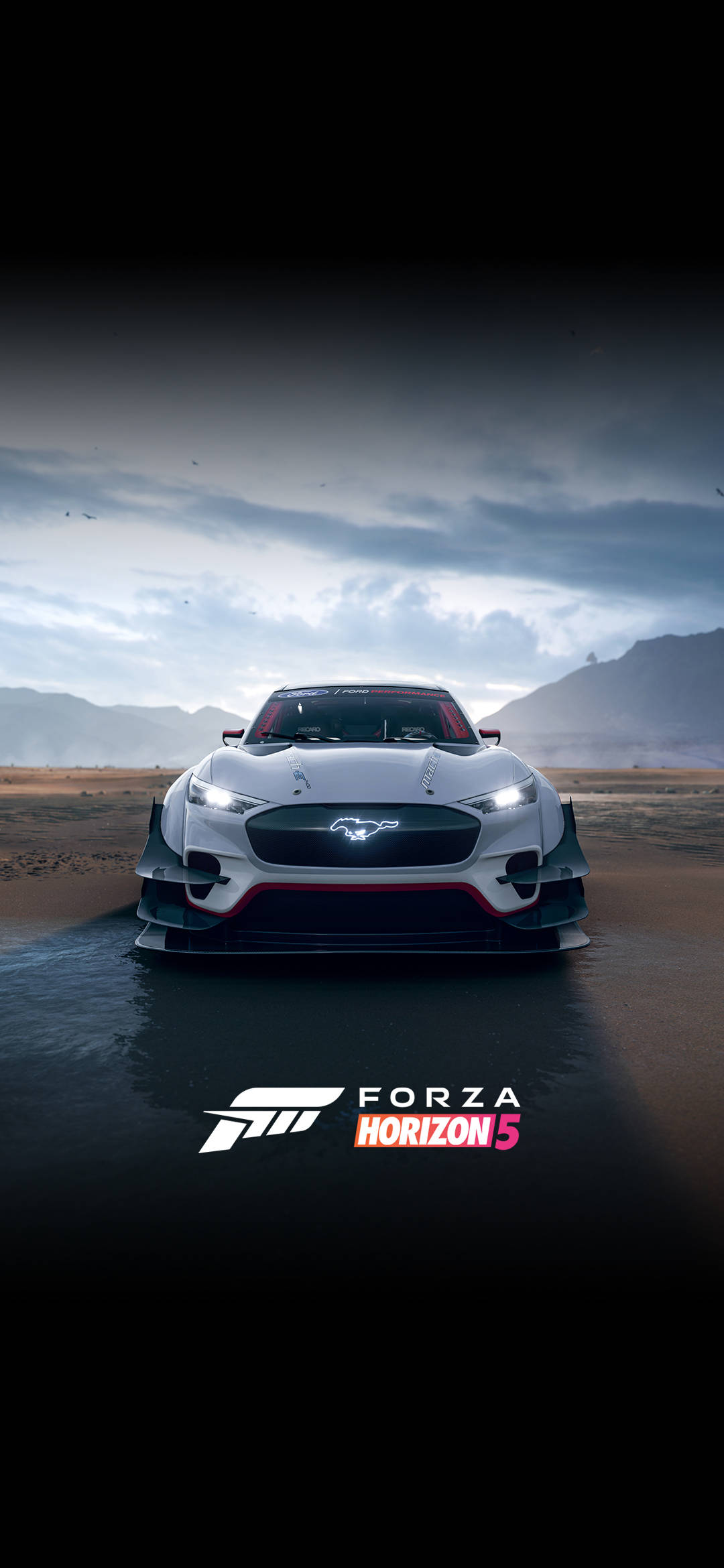 white Ford Mustang GT350R, glowing headlights, wet desert road, Full HD Phone Wallpaper