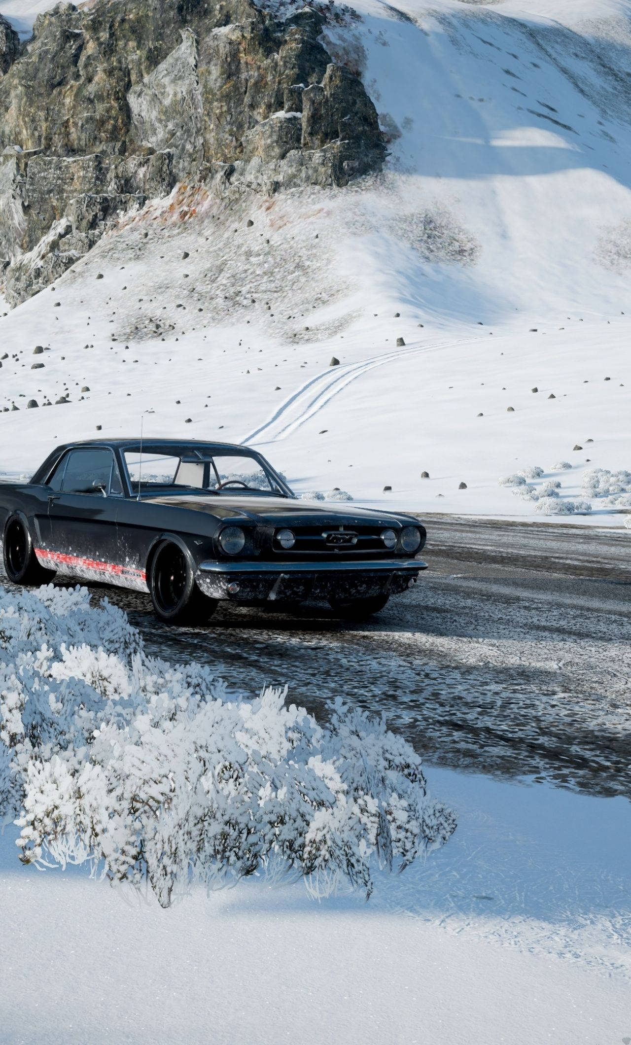 Forza iPhone, black classic muscle car, snowy mountain road, Full HD Phone Wallpaper