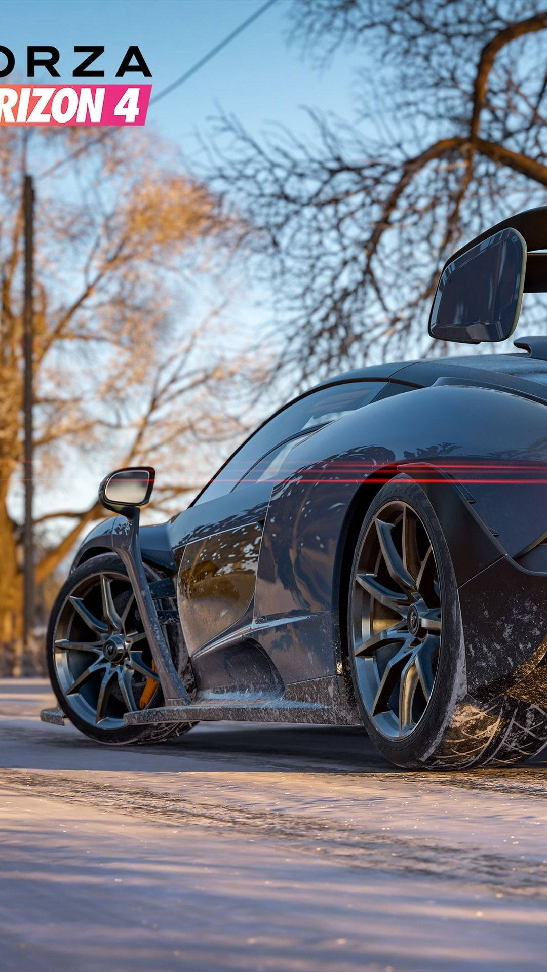 Forza, black sports car, snowy street, Full HD Phone Wallpaper
