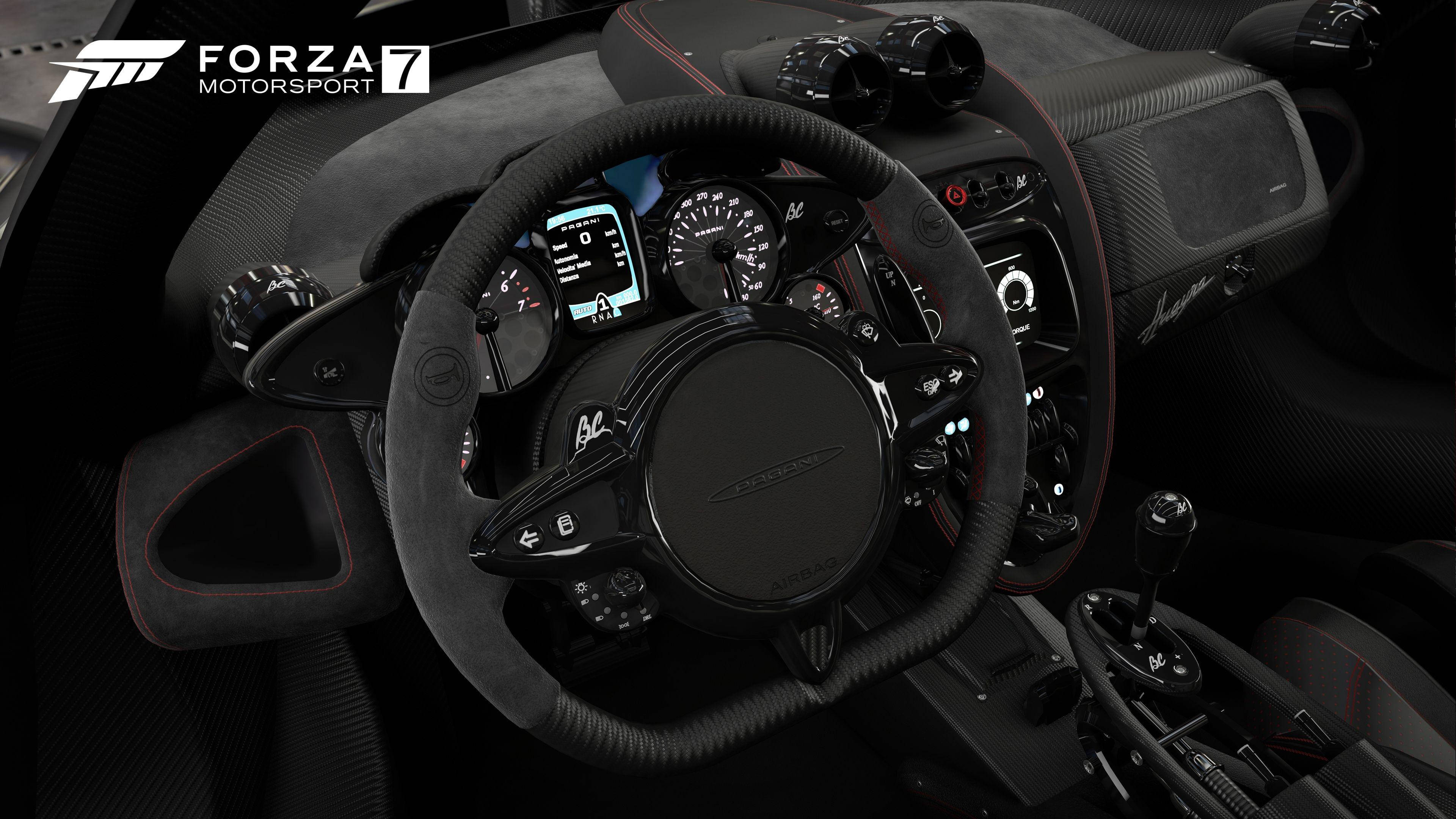 Forza Motorsport 7, black carbon fiber interior, red stitching, 4K Desktop Wallpaper