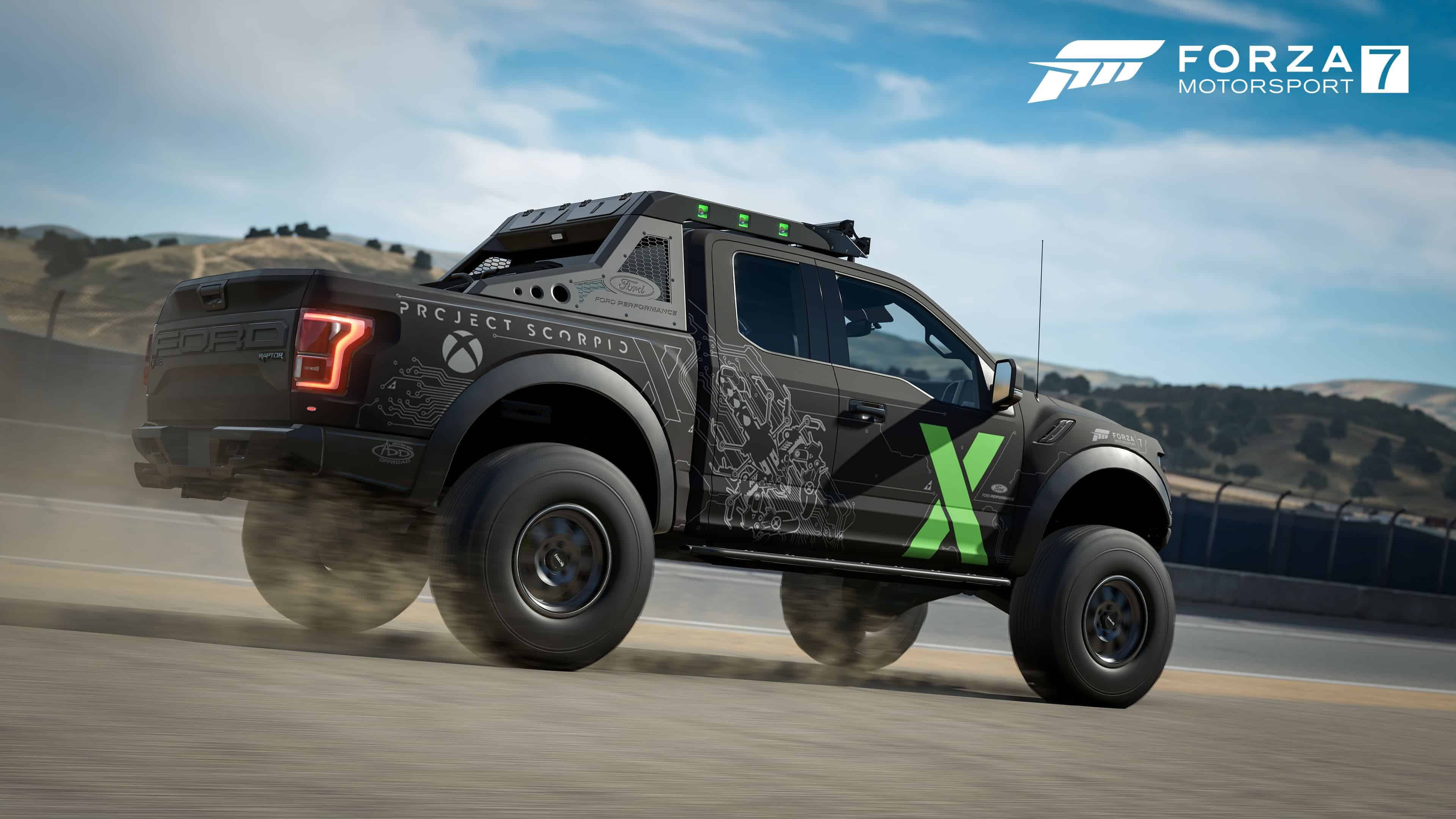 Forza Motorsport 7, black Ford Raptor, green accents, 4K Desktop Wallpaper