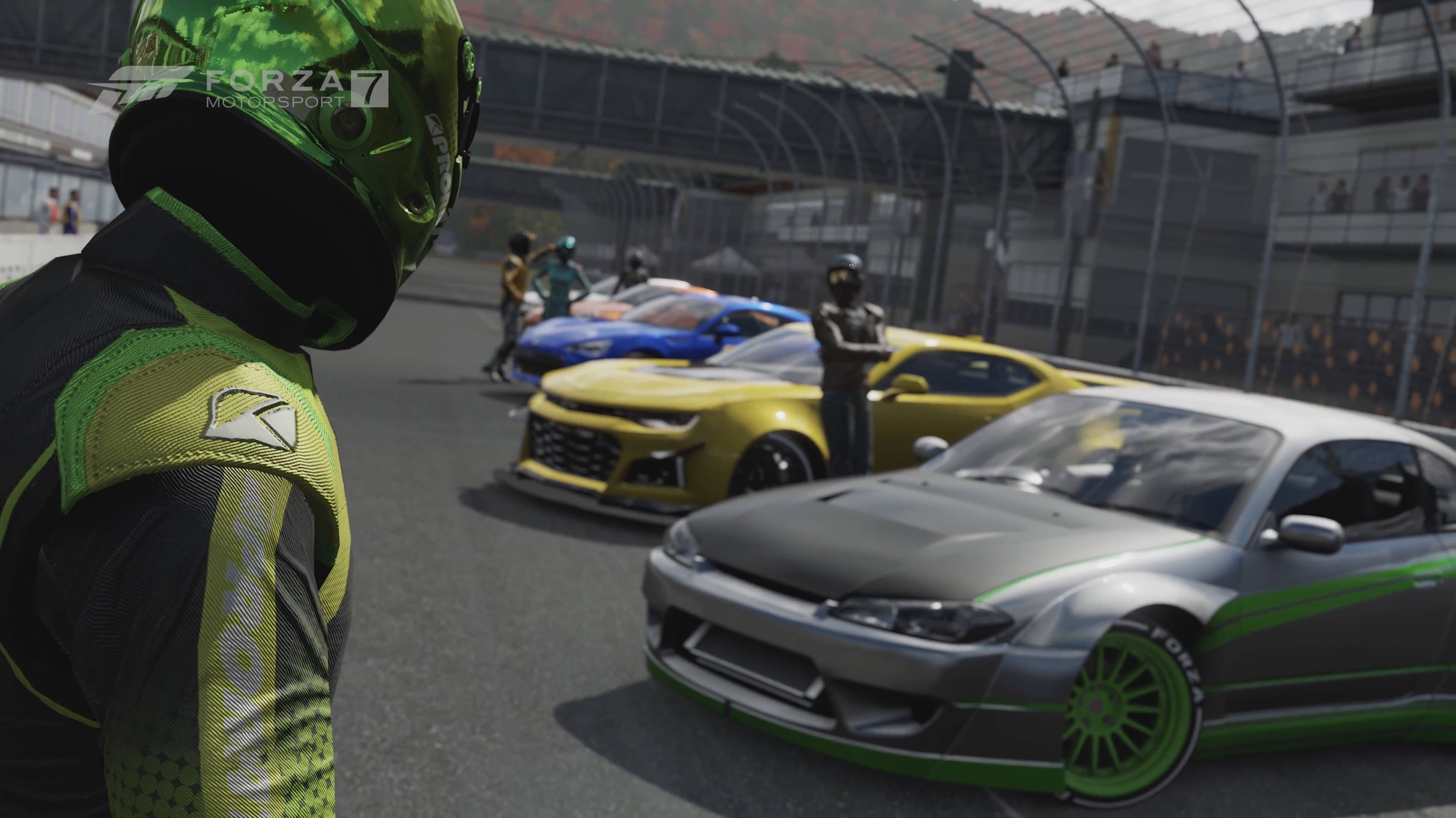 Forza Motorsport 7, green helmet, vibrant modified sports cars, 4K Desktop Wallpaper