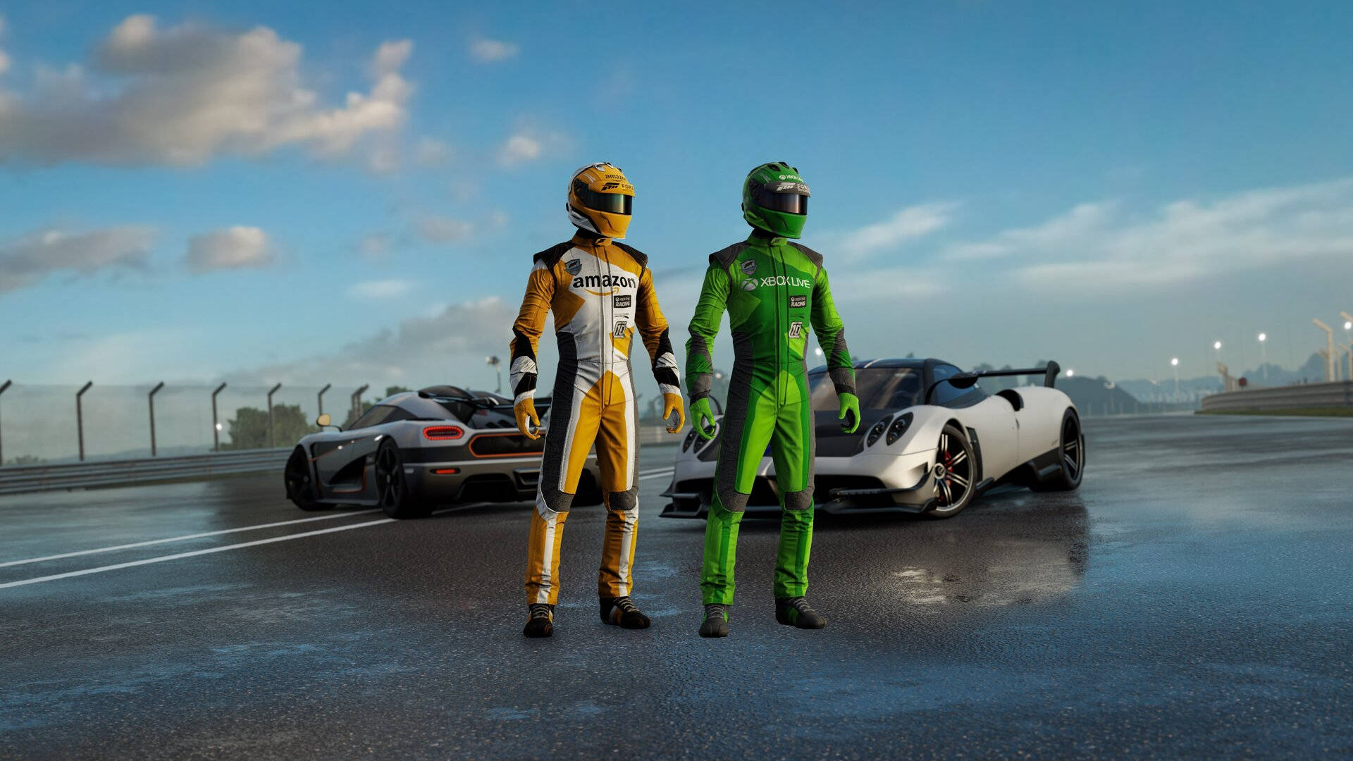 Forza Motorsport 7, yellow and green suits, sleek white hypercars, Full HD Desktop Wallpaper