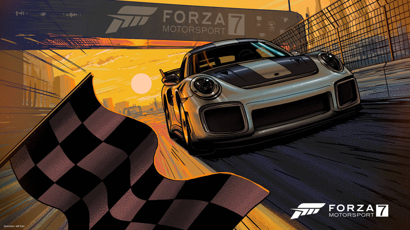 Forza Motorsport 7, silver Porsche race car, golden sunset, HD Desktop Wallpaper