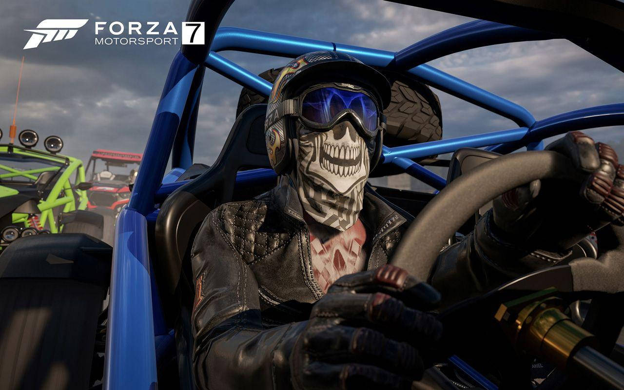 Forza Motorsport 7, blue open-cockpit race car, skull-masked racer, HD Desktop Wallpaper