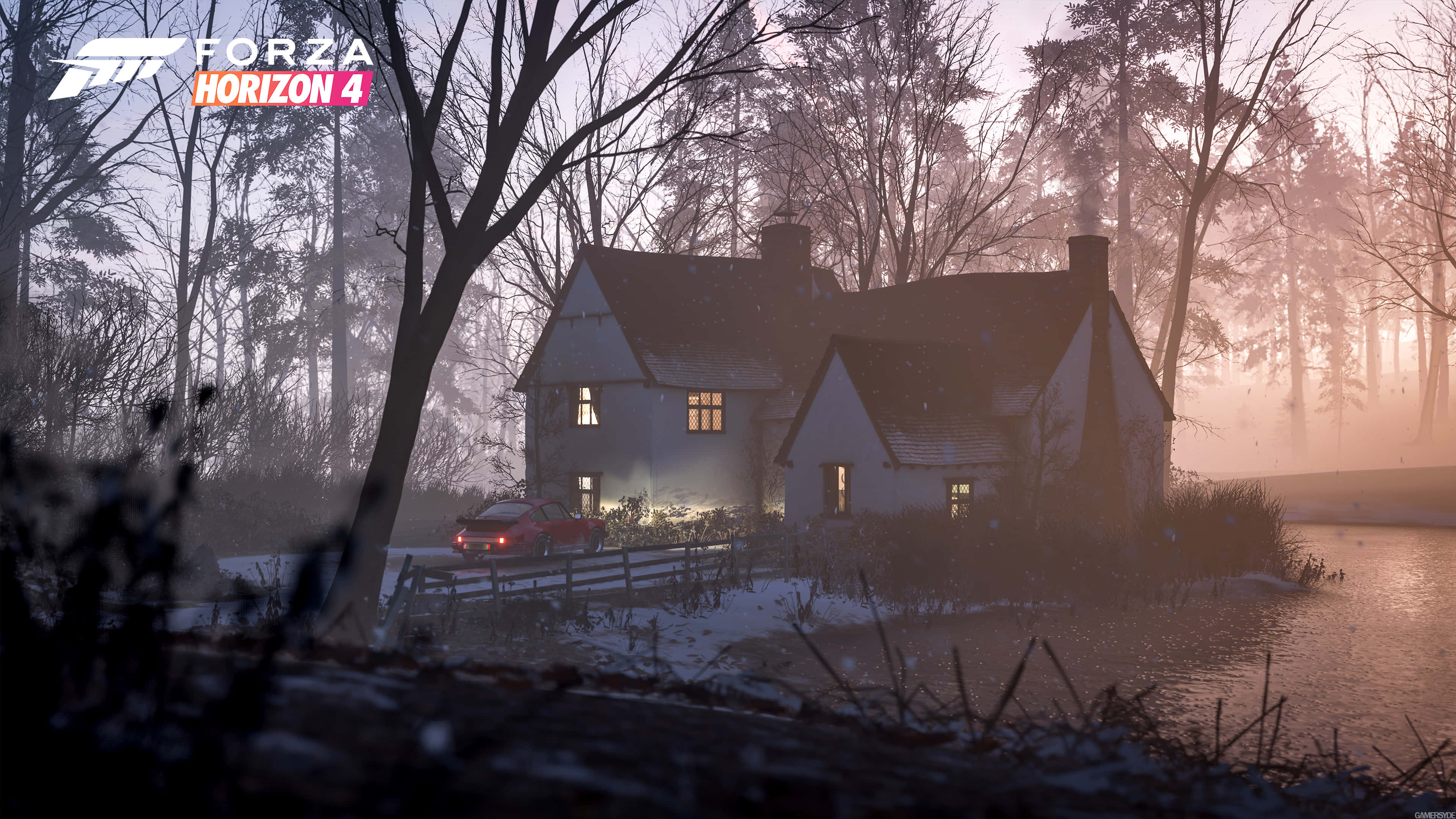 Forza, red sports car, snow-dusted cottage, 4K Desktop Wallpaper