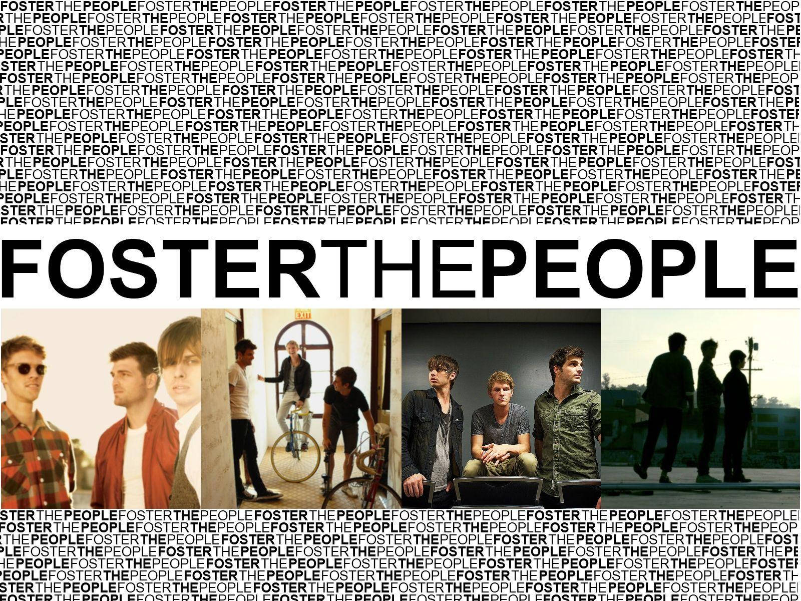 Foster The People, black text, collage of band photos, HD Desktop Wallpaper