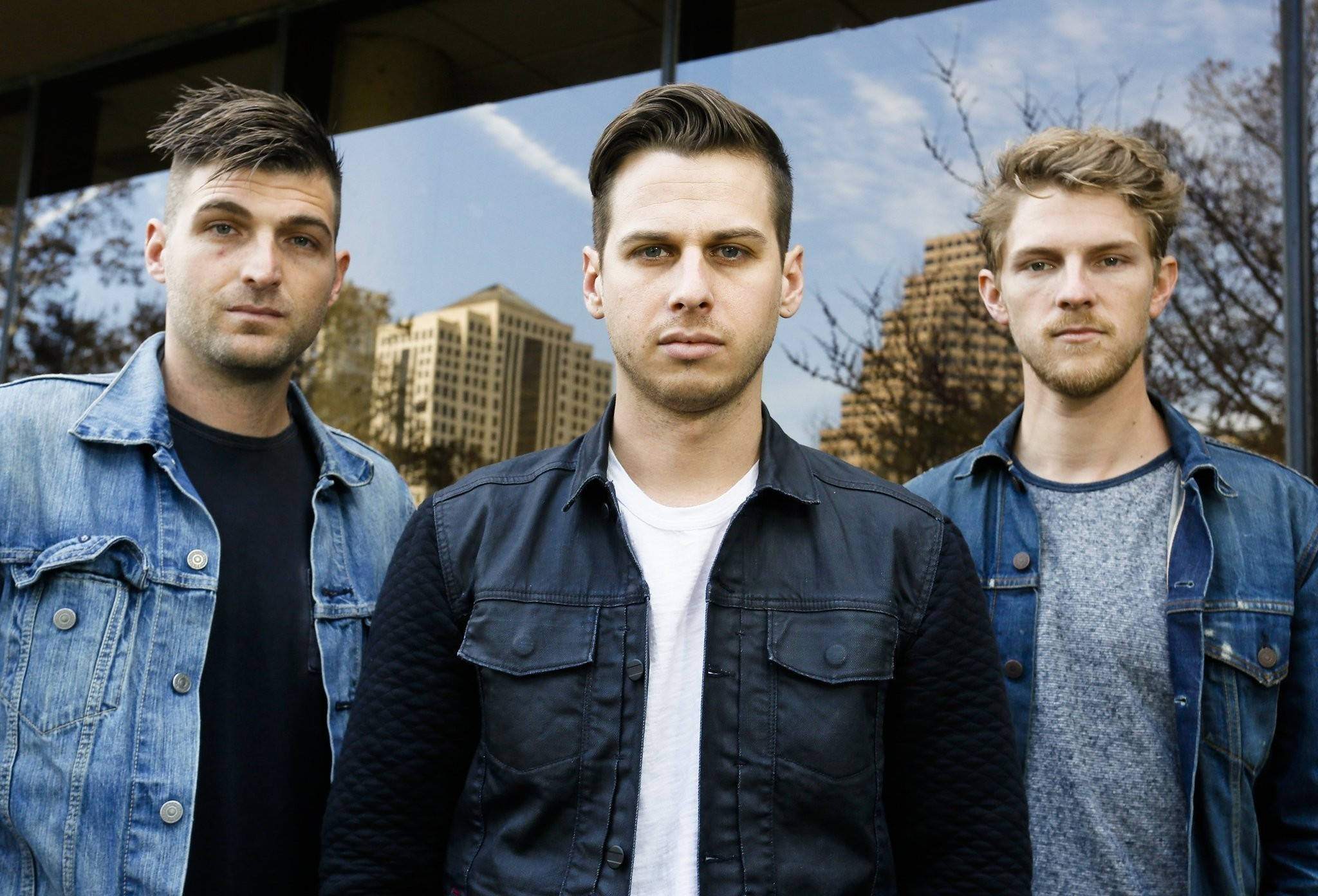 Foster the People, denim jackets, glass building, Full HD Desktop Wallpaper