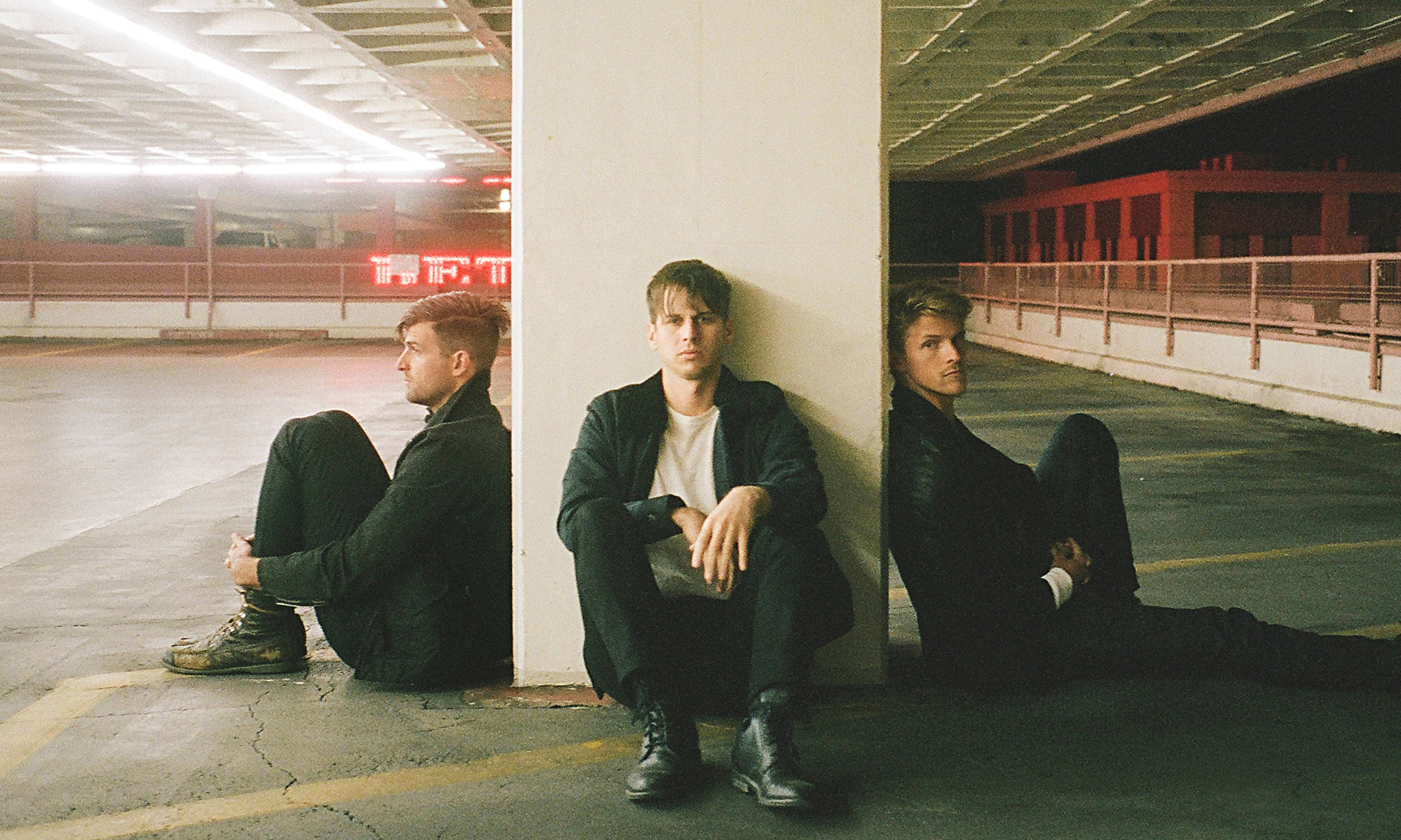 Foster the People, parking garage, red neon signs, 2K Desktop Wallpaper
