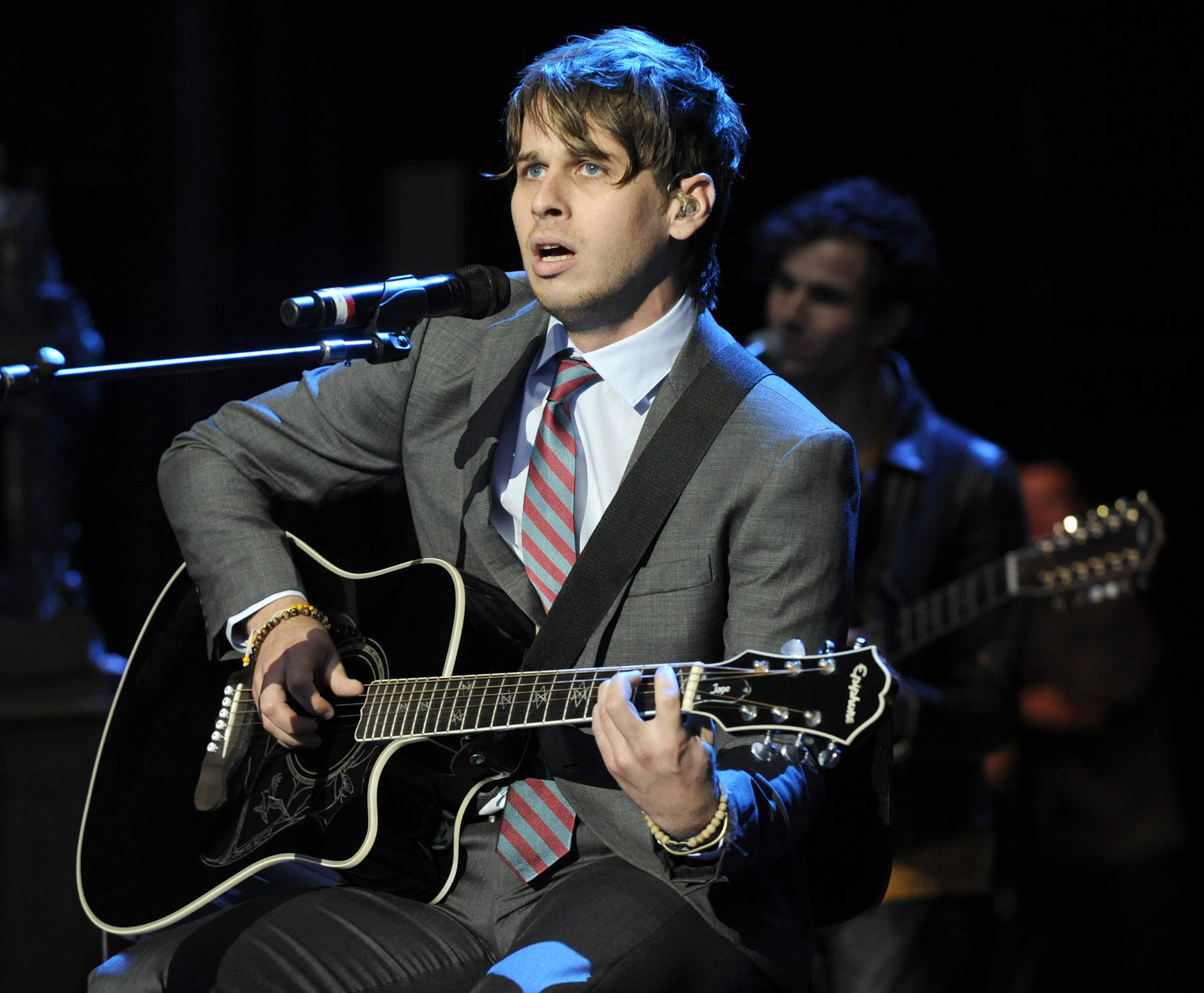 Foster the People, gray suit, black acoustic guitar, HD Desktop Wallpaper