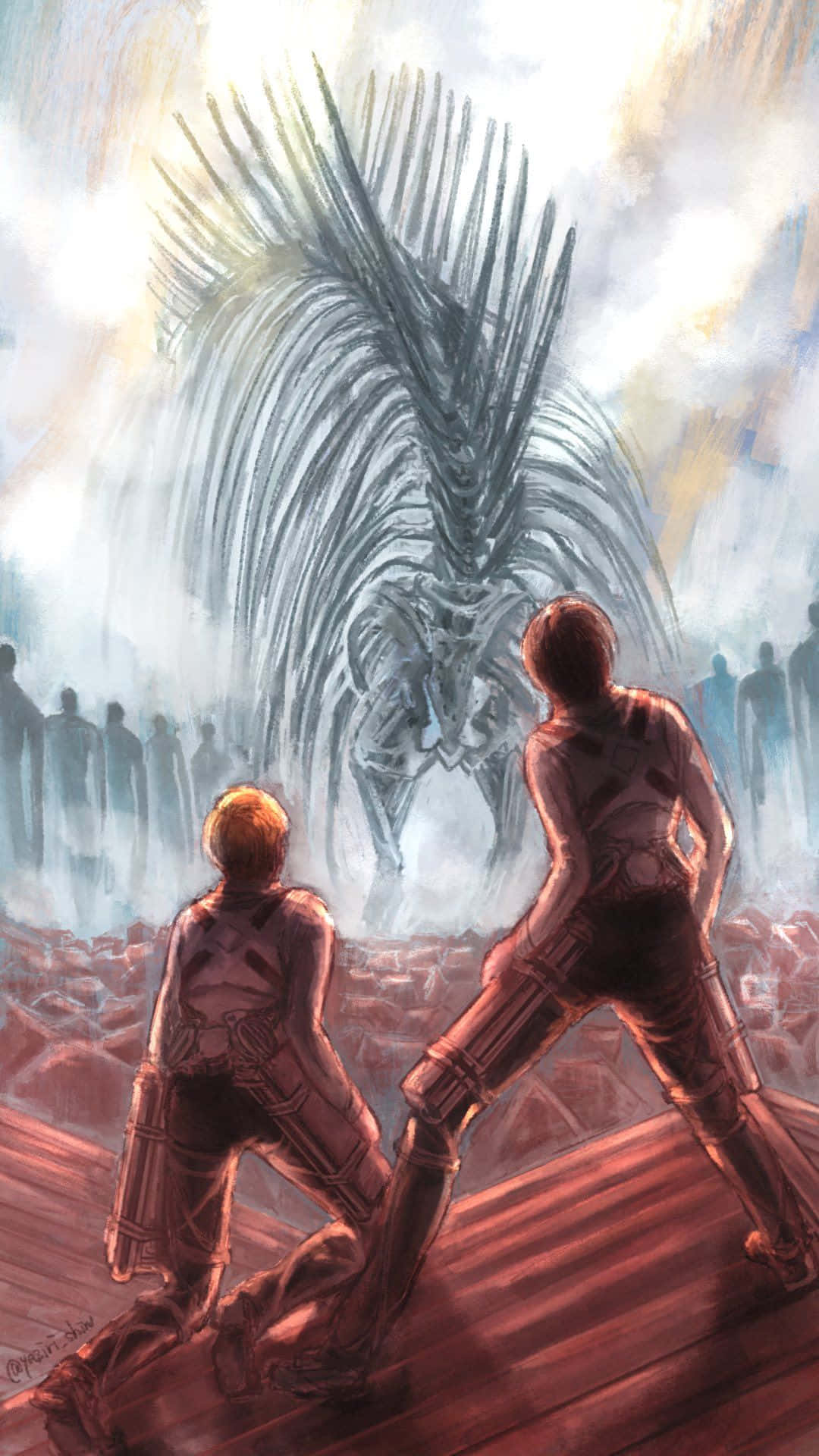 Founding Titan, armored figures, wooden platform, Full HD Phone Wallpaper