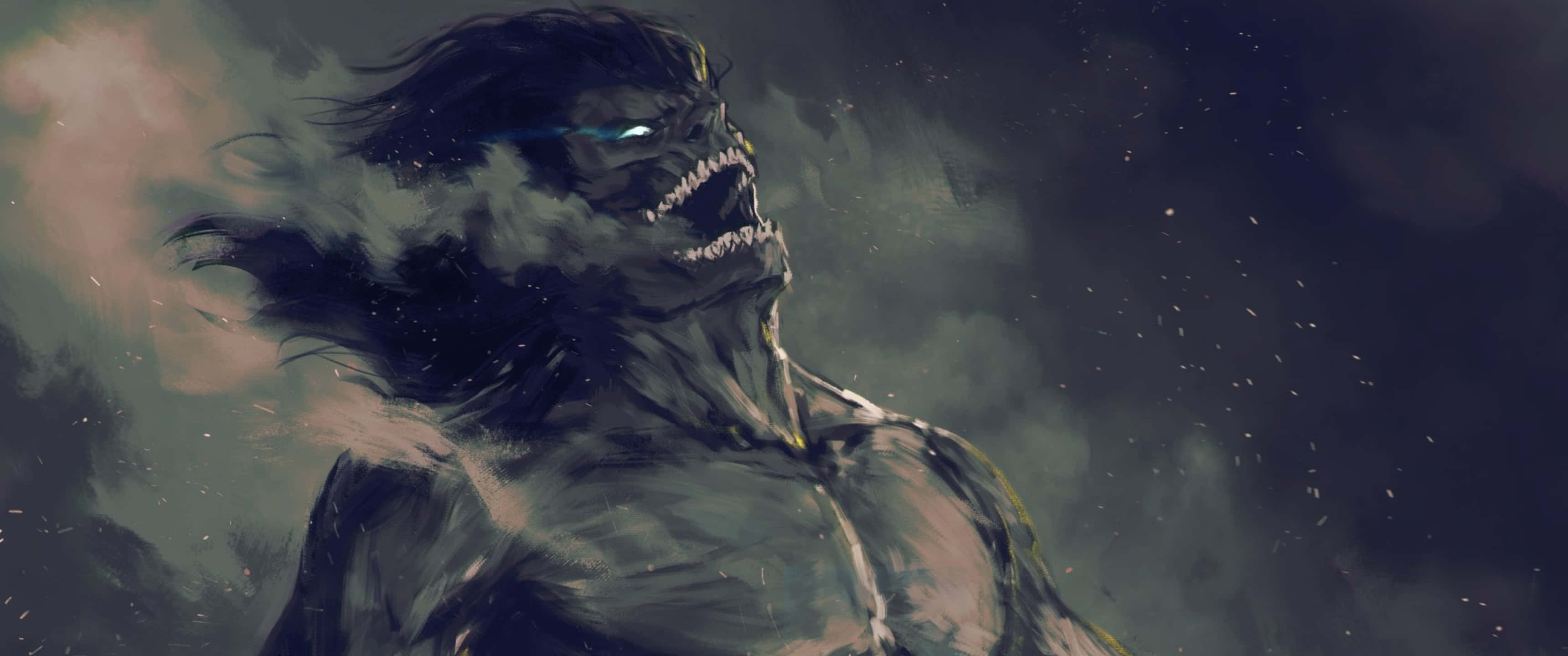 Founding Titan, glowing blue eyes, stormy twilight sky, 2K Desktop Wallpaper