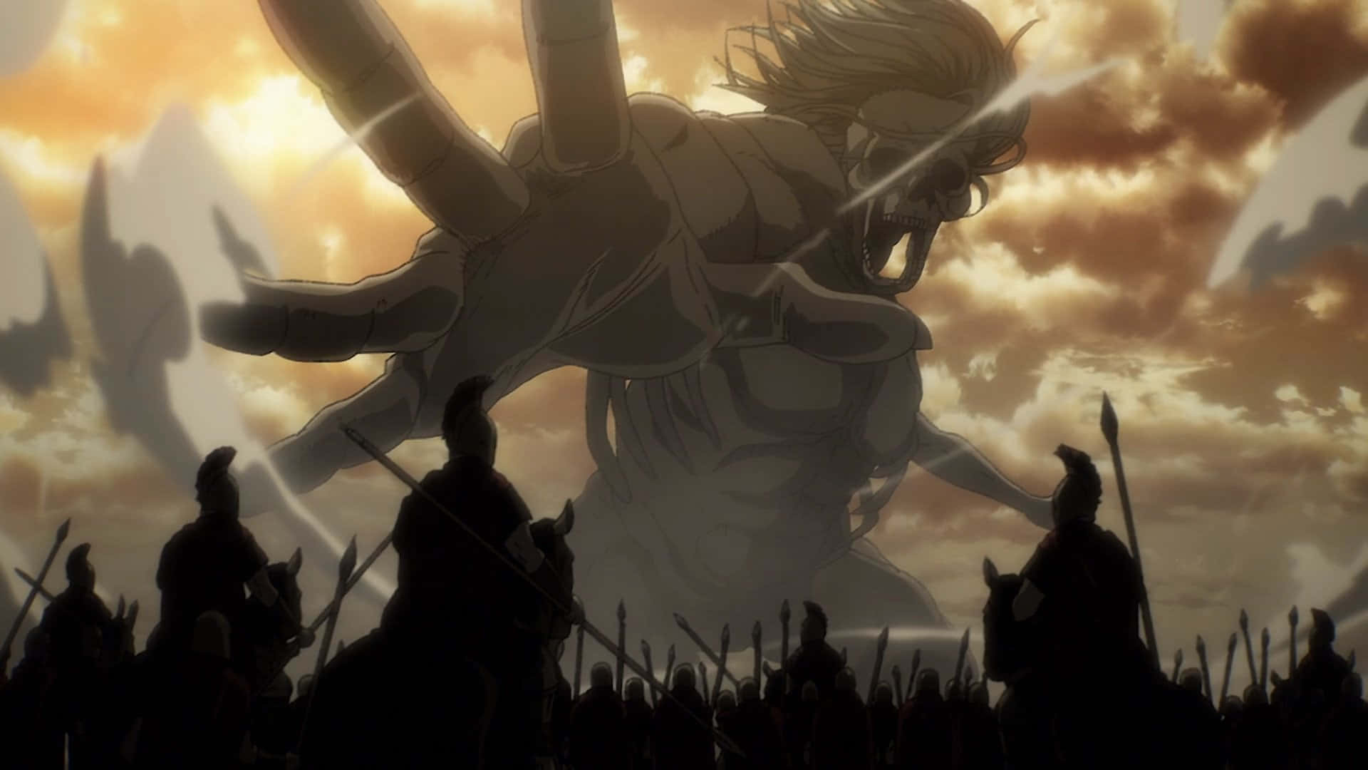 Founding Titan, golden sunset sky, silhouetted army, Full HD Desktop Wallpaper
