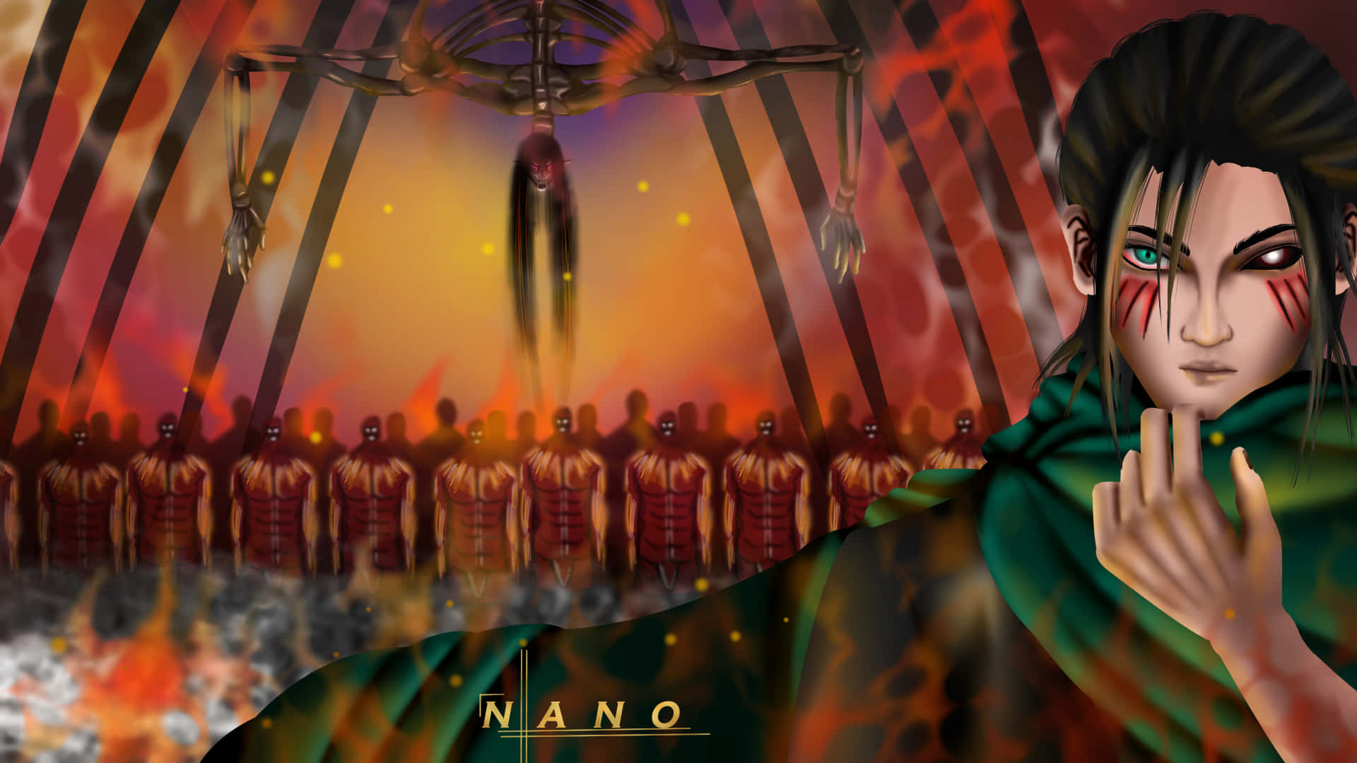 Founding Titan, green cloak, red markings, Full HD Desktop Wallpaper