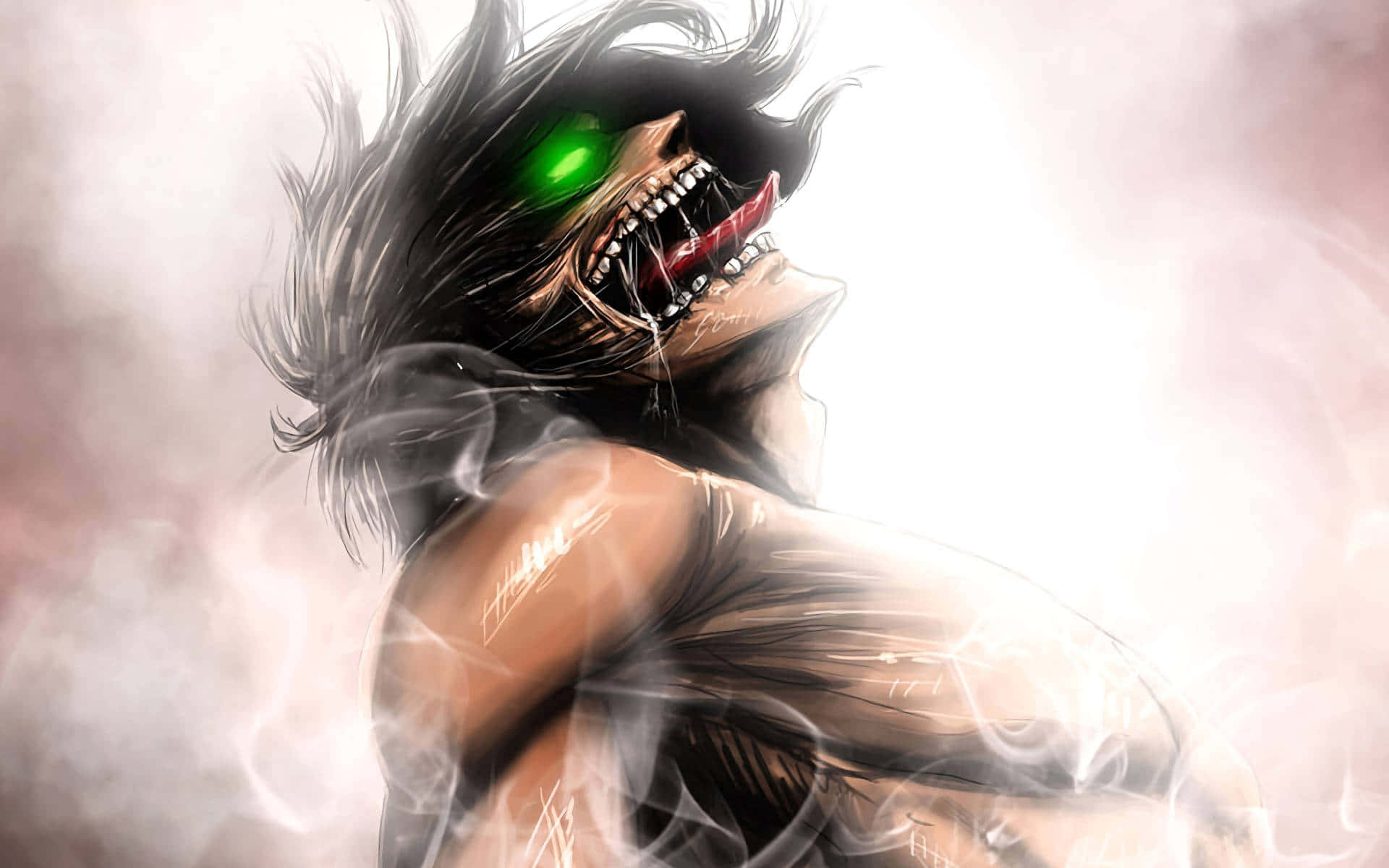Founding Titan, glowing green eye, sharp teeth, Full HD Desktop Wallpaper