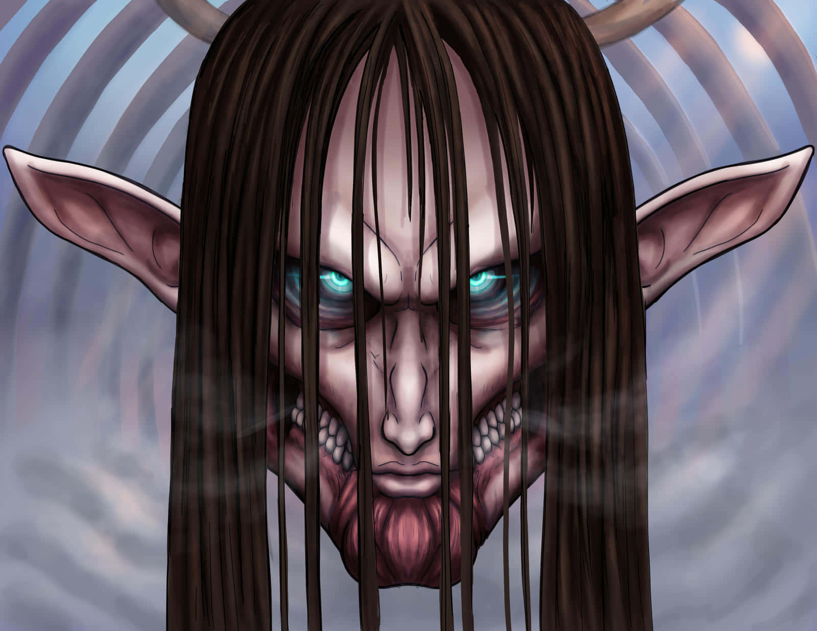 Founding Titan, glowing blue eyes, long dark hair, HD Desktop Wallpaper