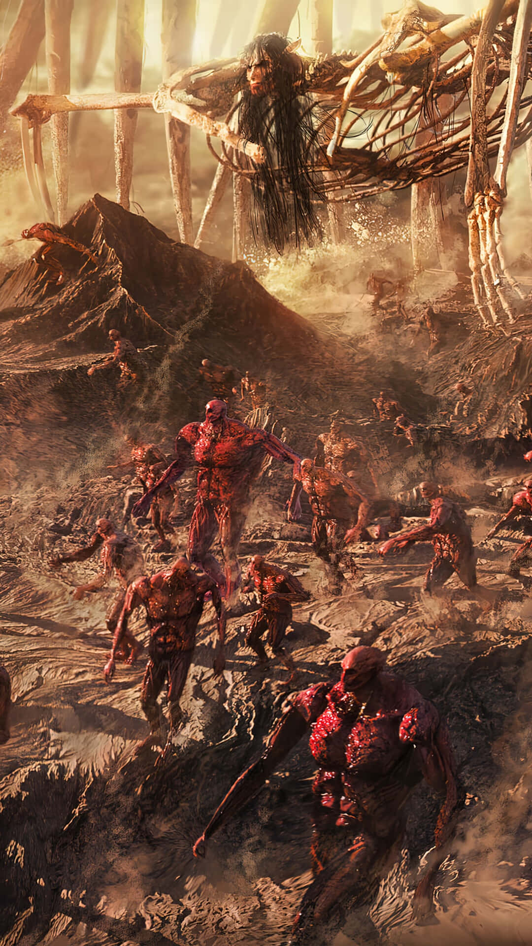 Founding Titan, red-skinned humanoid creatures, desolate wasteland, Full HD Phone Wallpaper