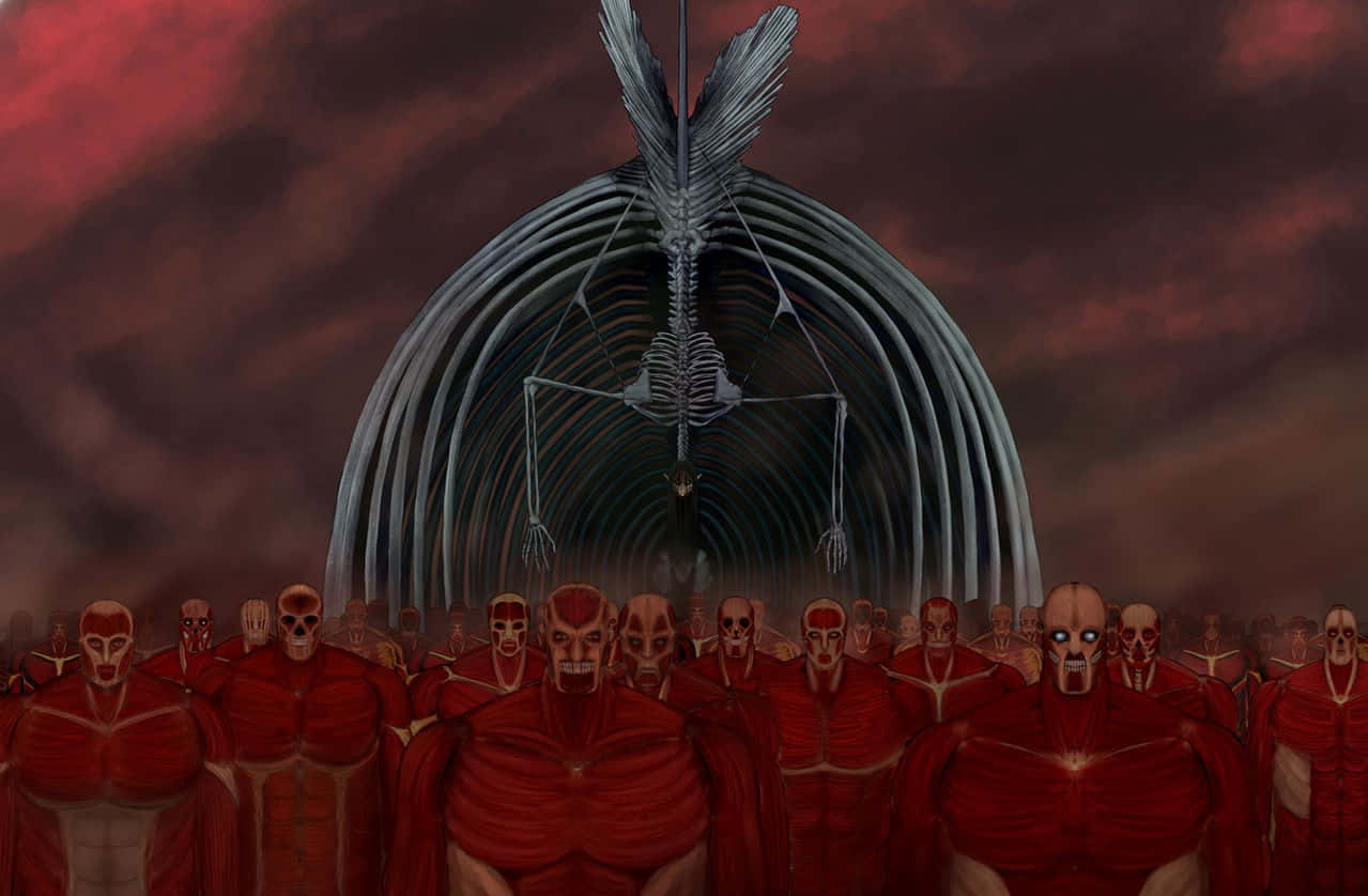 Founding Titan, red-skinned titans, colossal skeletal bird structure, SD Desktop Wallpaper
