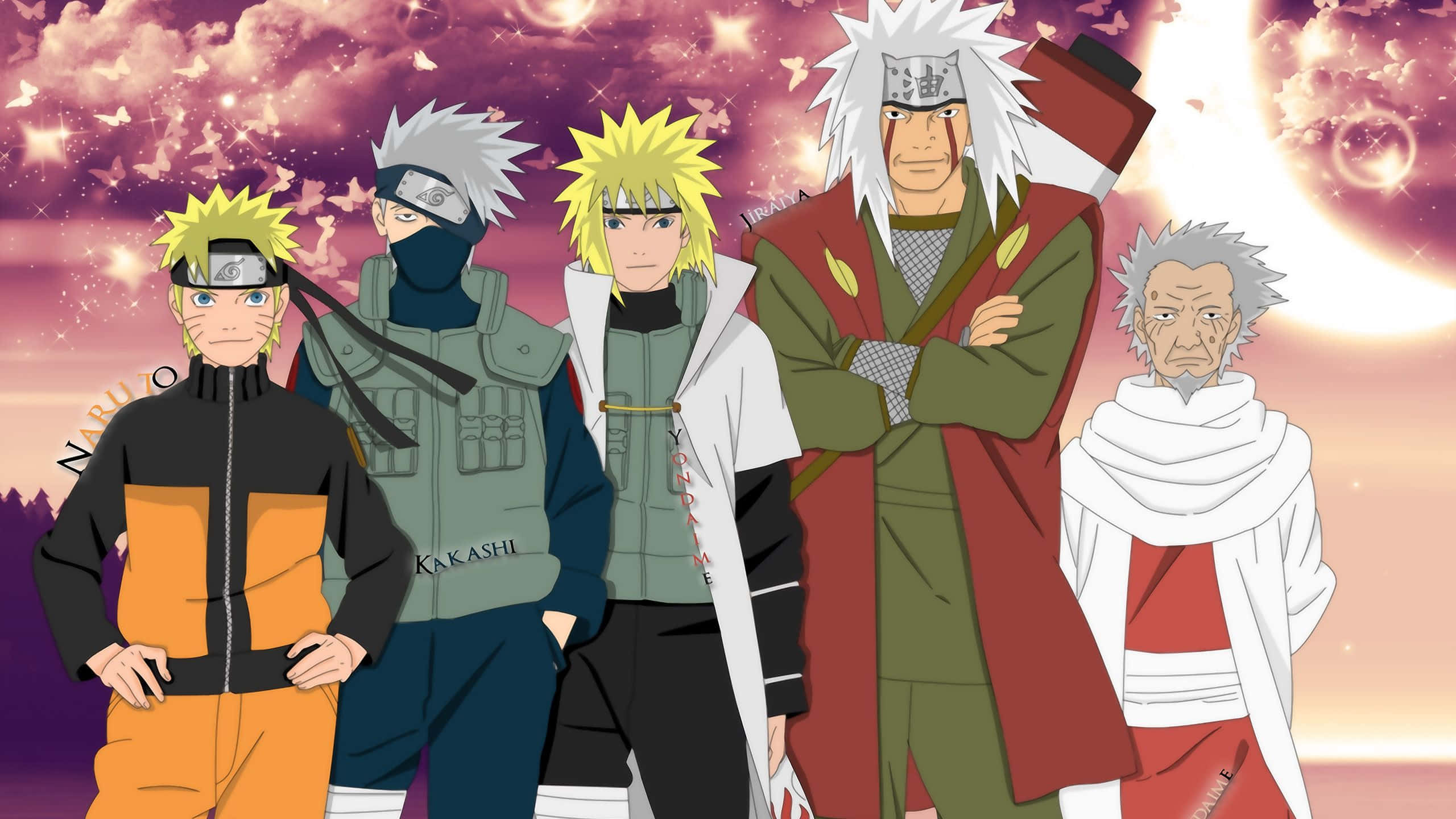 Fourth Hokage, vibrant purple and pink sunset sky, glowing orbs, 2K Desktop Wallpaper