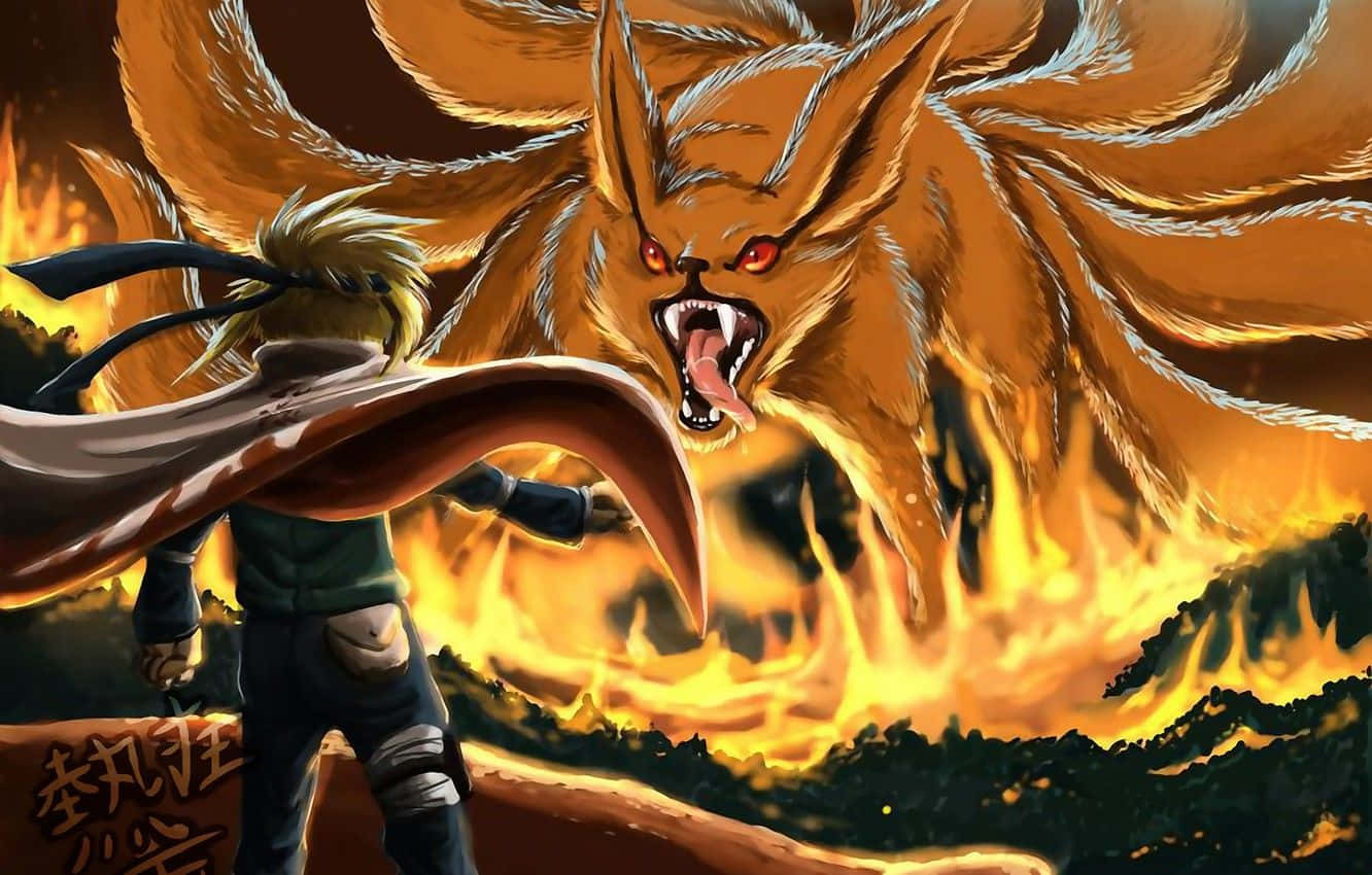 Fourth Hokage, nine-tailed fox, fiery orange flames, HD Desktop Wallpaper