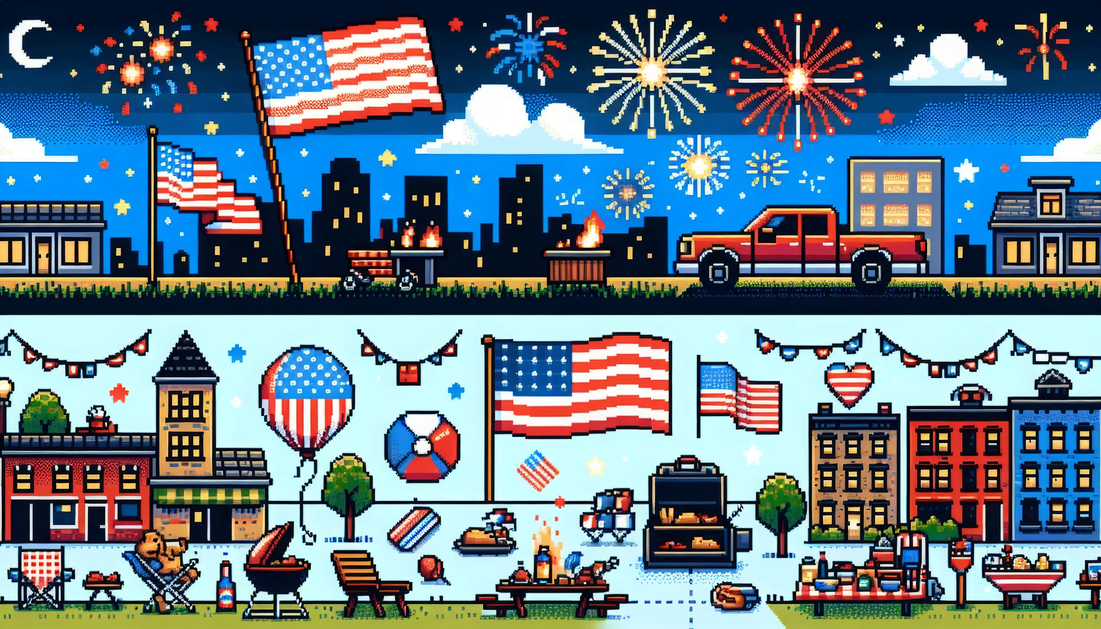 Fourth Of July, pixel art, festive American street scene, 2K Desktop Wallpaper