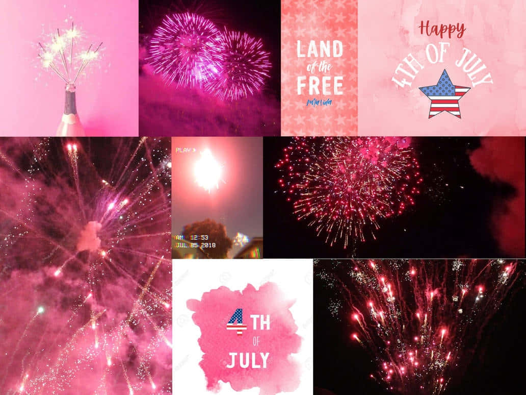 Fourth of July, pink and red fireworks, collage, SD Desktop Wallpaper