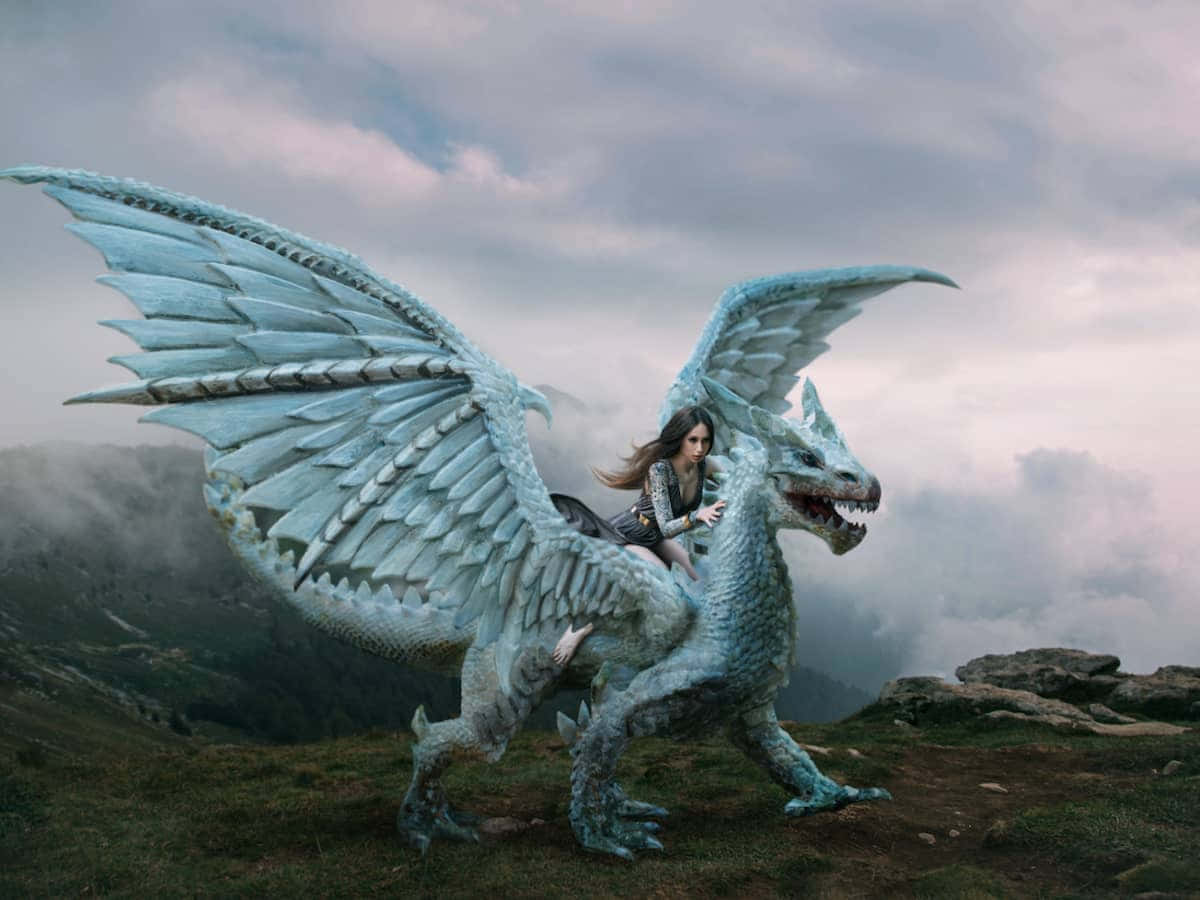 woman, ice dragon, mountain top, SD Desktop Wallpaper
