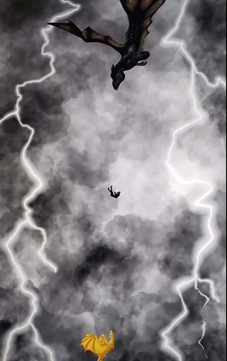 black dragon, stormy clouds, small figure, SD Phone Wallpaper