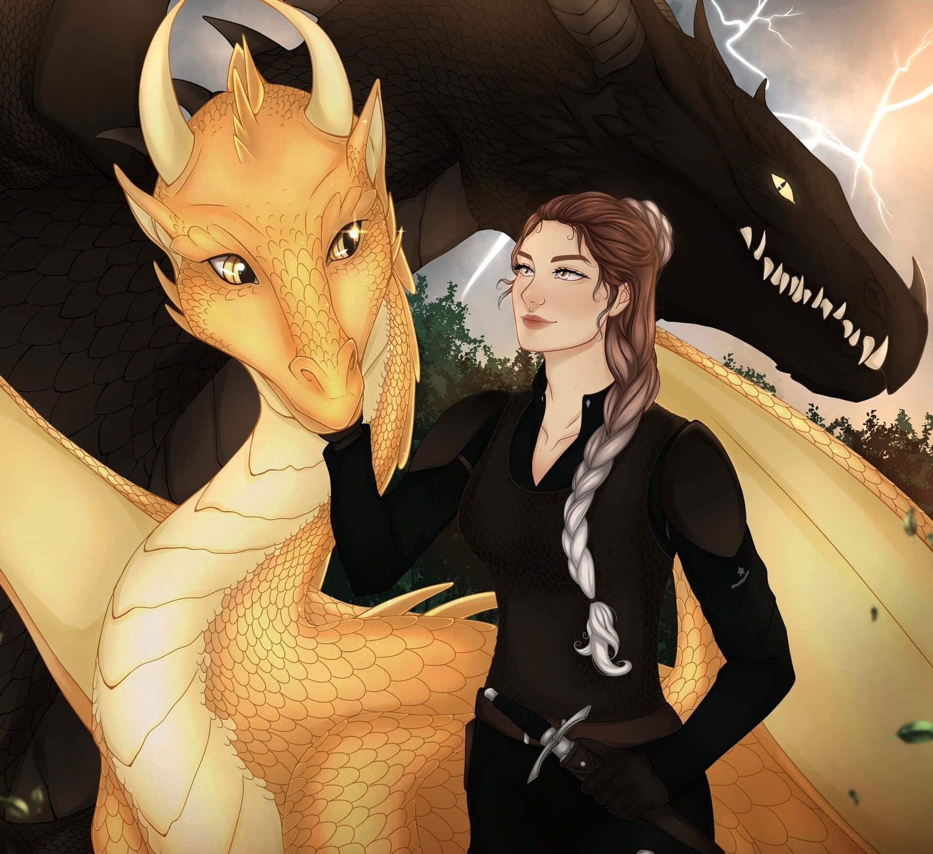 golden dragon, black dragon, stormy sky, Full HD Desktop Wallpaper