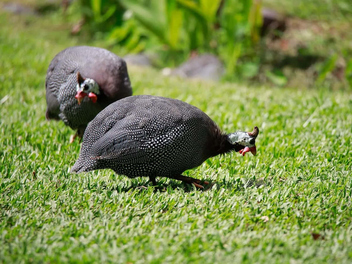 guinea fowls, speckled gray feathers, red facial wattles, SD Desktop Wallpaper