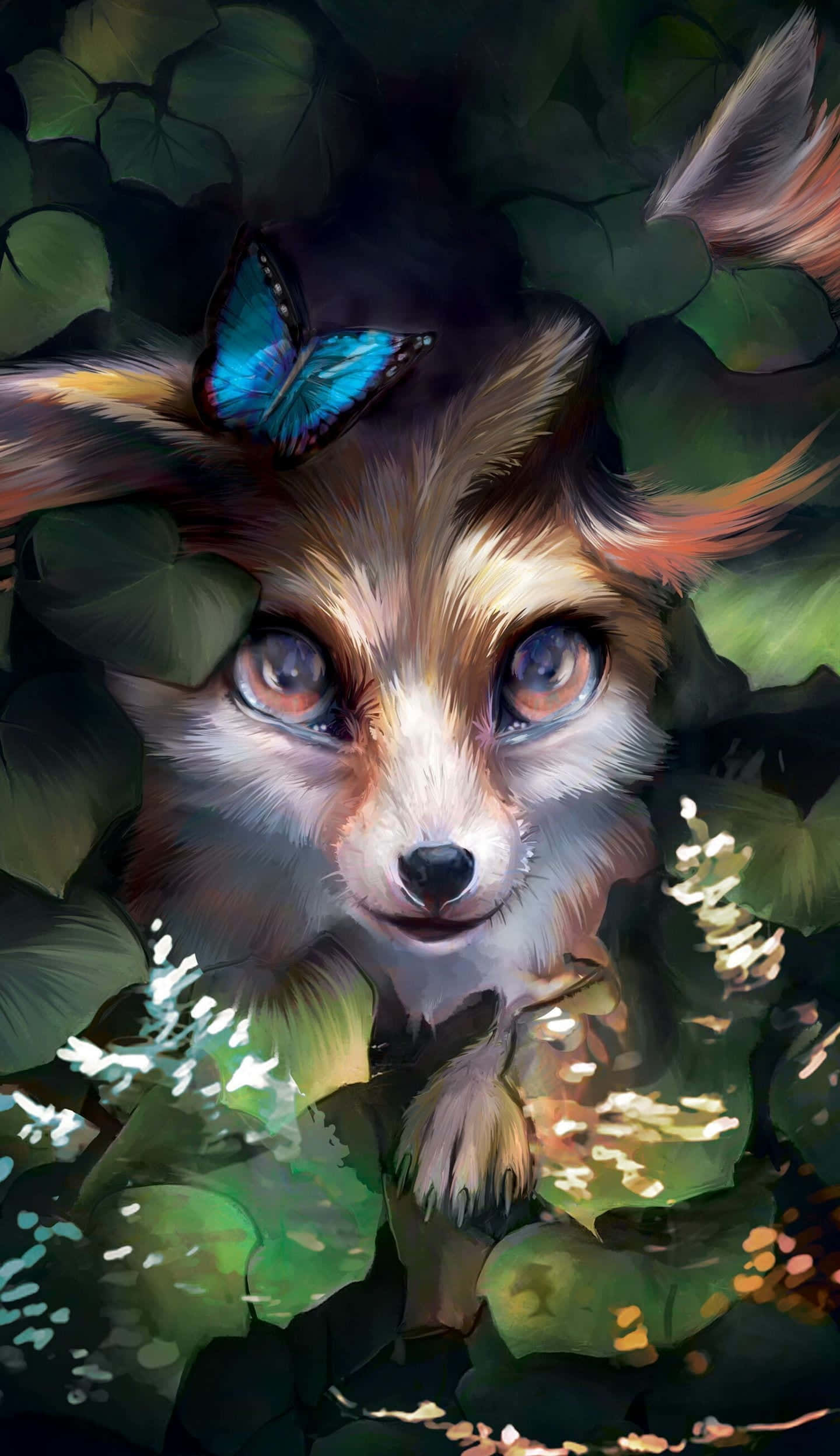 kawaii fox, amber eyes, lush green foliage, Full HD Phone Wallpaper