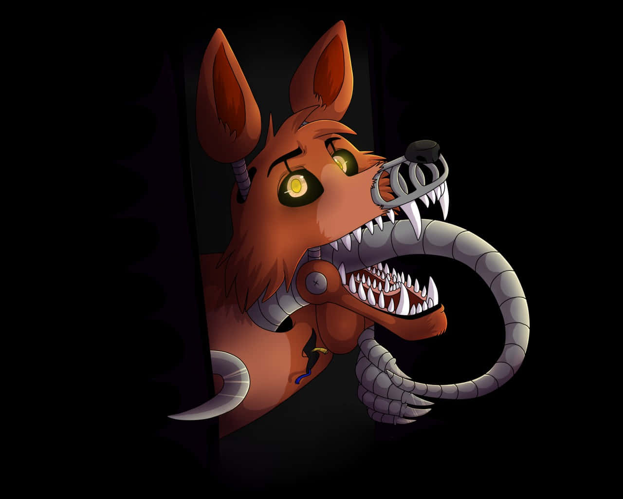 robotic fox, glowing yellow eyes, sharp teeth, HD Desktop Wallpaper