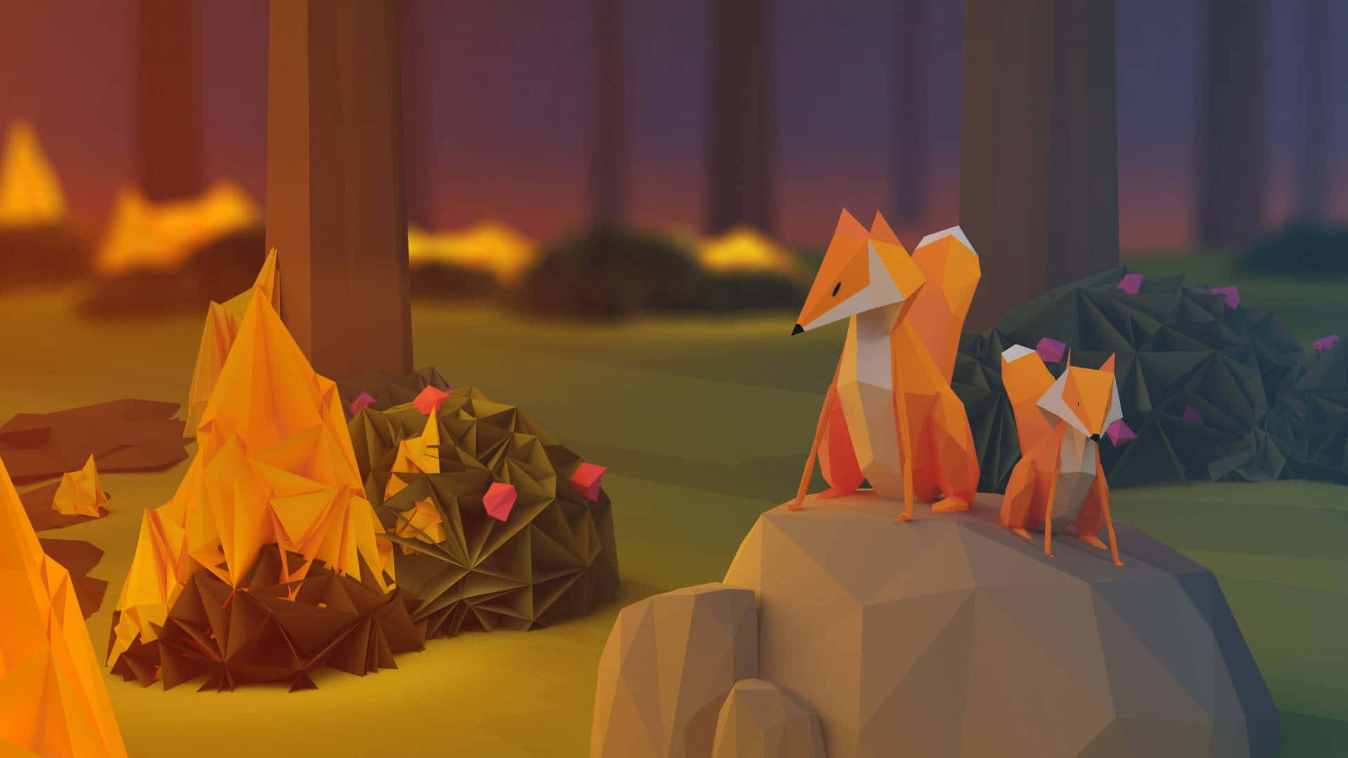 low poly foxes, forest at dusk, glowing yellow foliage, Full HD Desktop Wallpaper