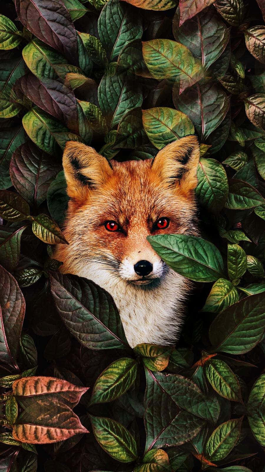 red fox, intense red eyes, dense green and burgundy foliage, HD Phone Wallpaper