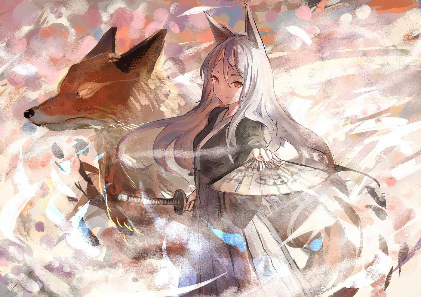 kitsune, silver-haired anime girl, fox ears, HD Desktop Wallpaper