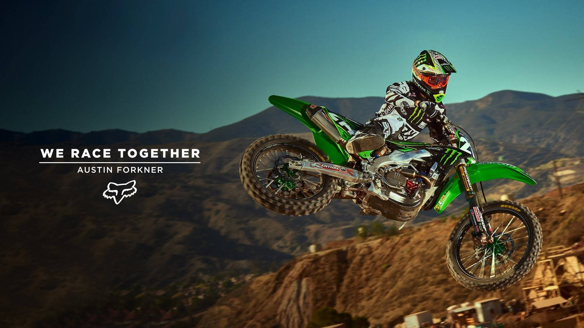 Fox Dirt Bike, green bike, mountainous backdrop, Full HD Desktop Wallpaper