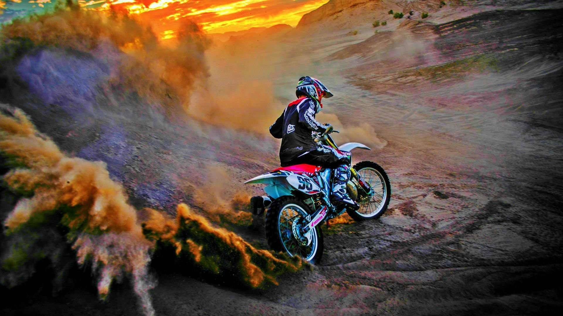 Fox Dirt Bike, dusty desert canyon, sunset, Full HD Desktop Wallpaper