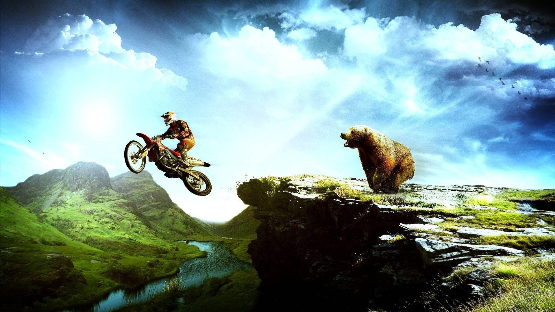 Fox Dirt Bike, motocross rider, river valley, Full HD Desktop Wallpaper