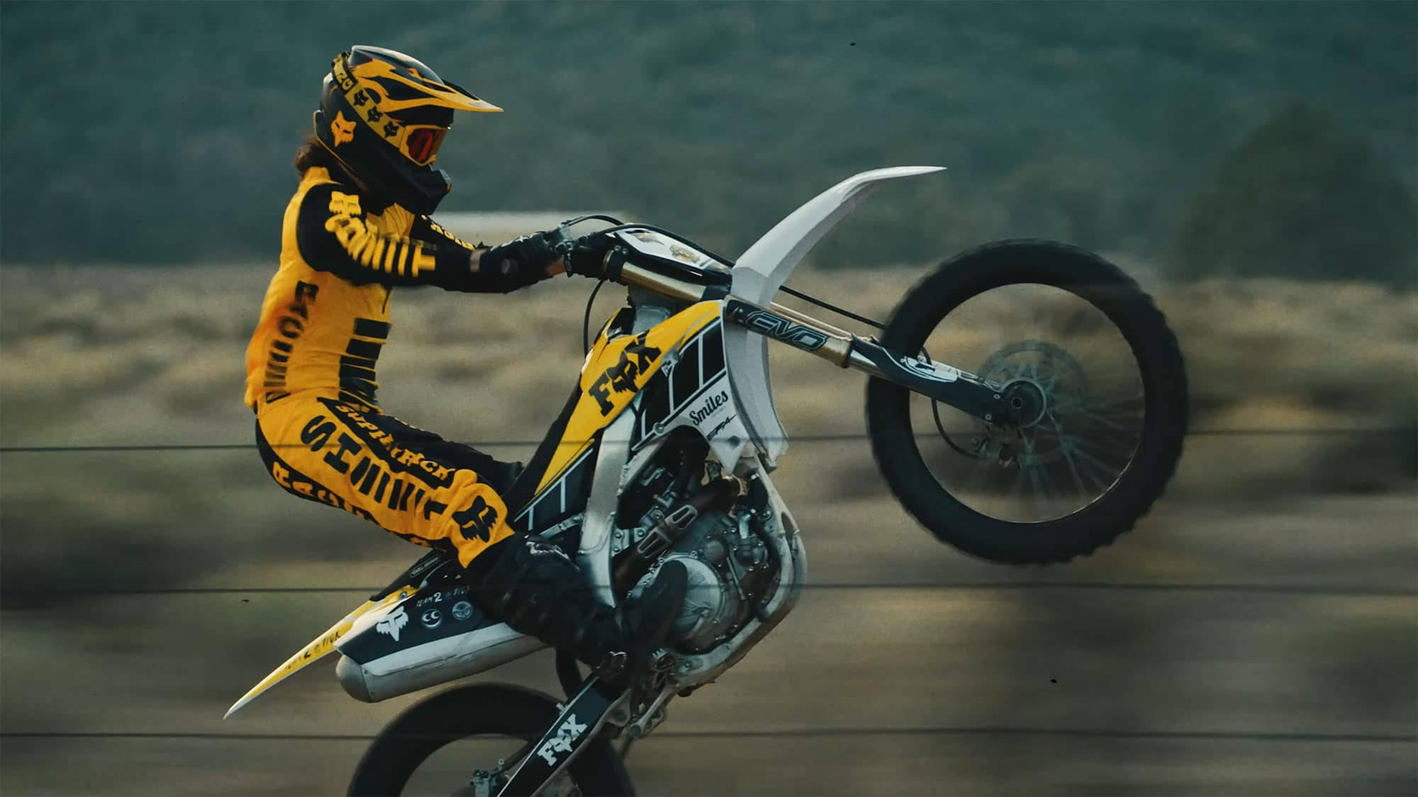 Fox Dirt Bike, yellow gear, wheelie, Full HD Desktop Wallpaper