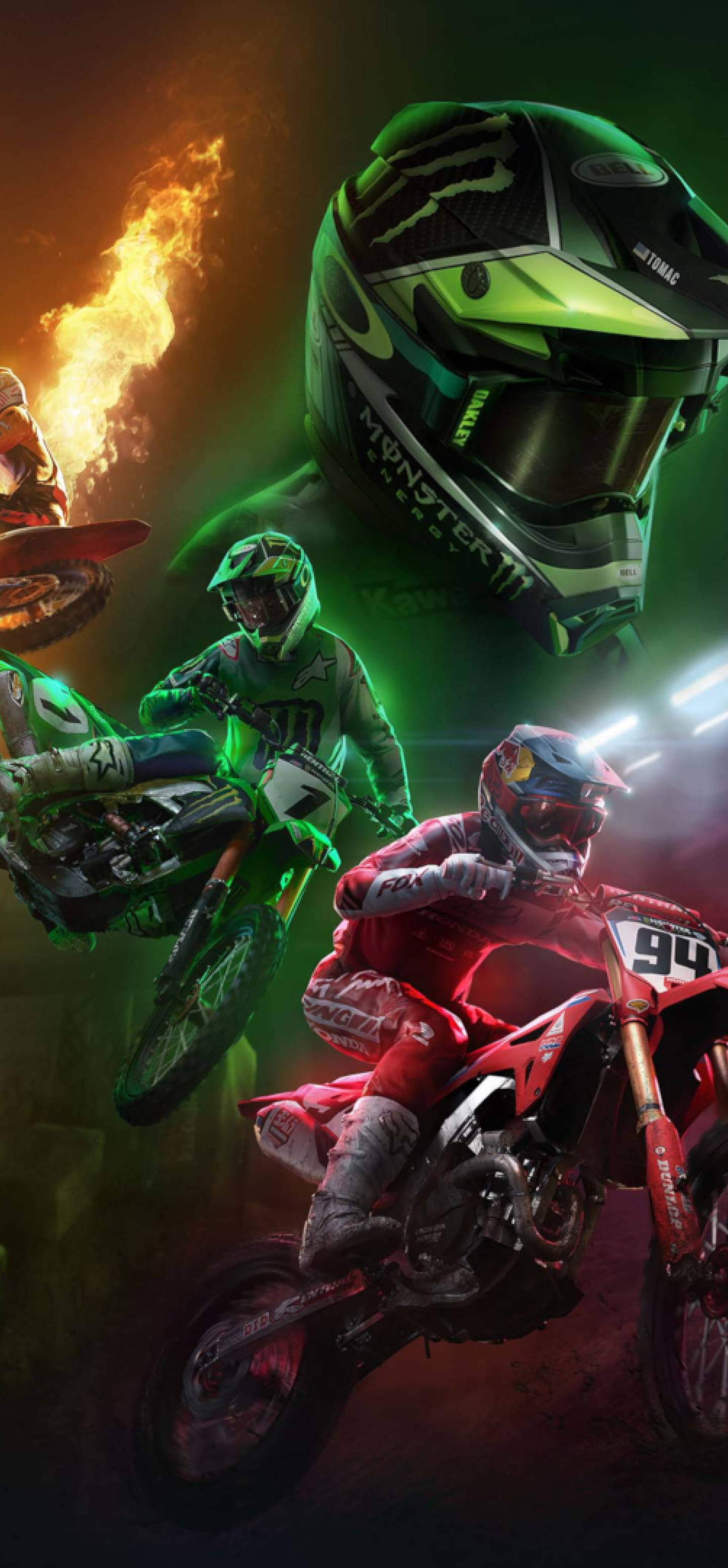 Fox Dirt Bike, neon green lighting, fiery smoke, 2K Phone Wallpaper