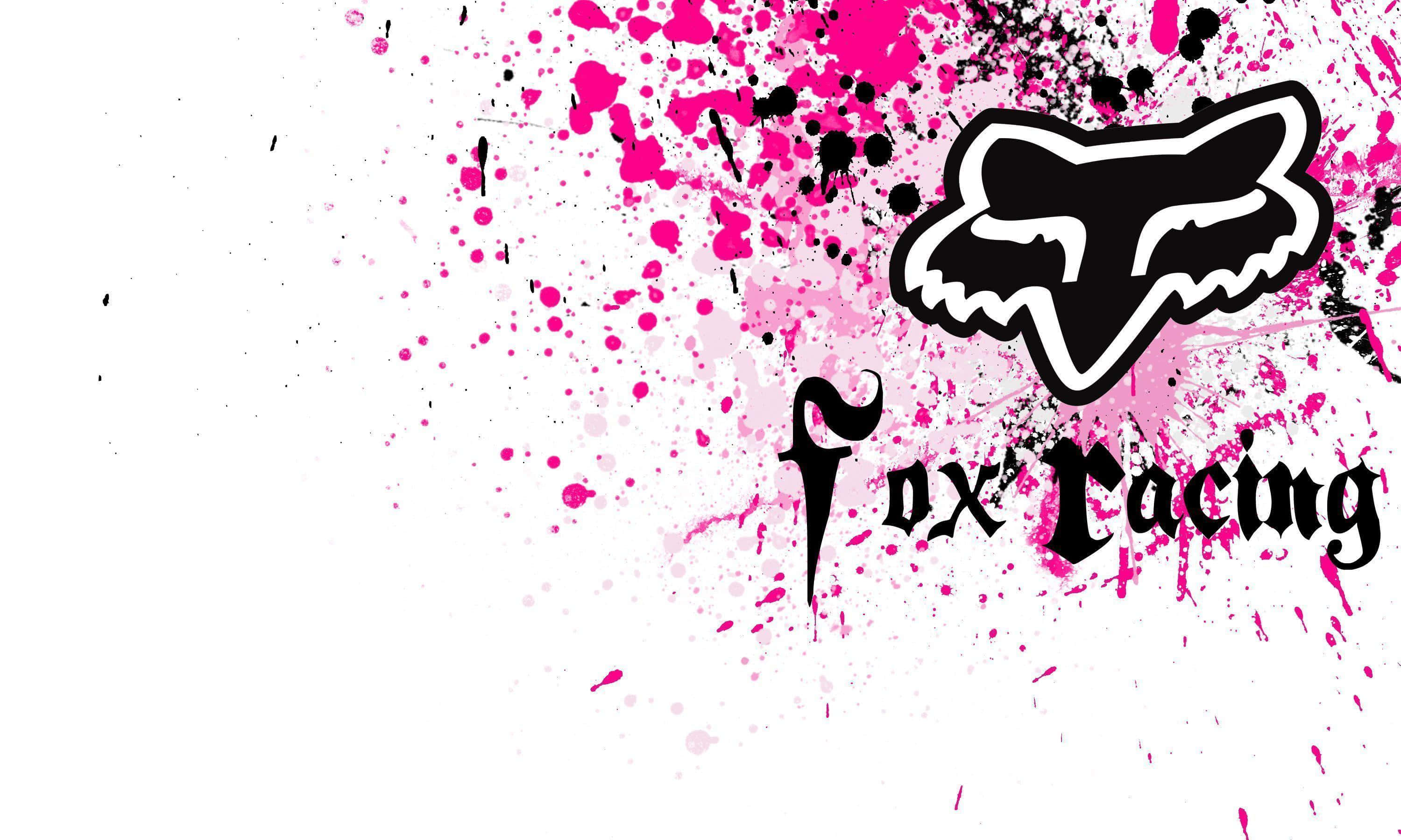 Fox Racing, pink paint splatters, black fox logo, 2K Desktop Wallpaper